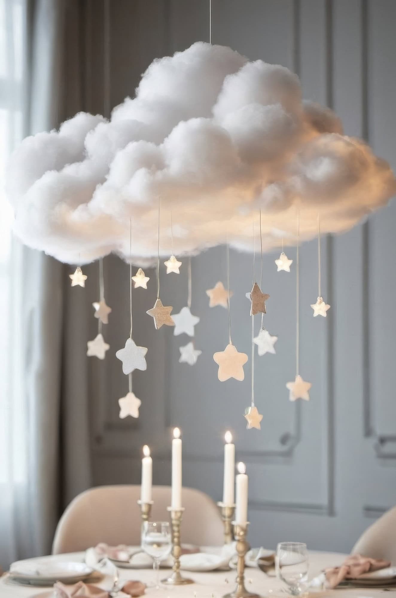 A decorative fluffy cloud hangs from the ceiling with star-shaped ornaments dangling below, creating an enchanting baby shower centerpiece. This setup graces a table adorned with lit candles, complementing the room's neutral tones and soft, elegant ambiance.