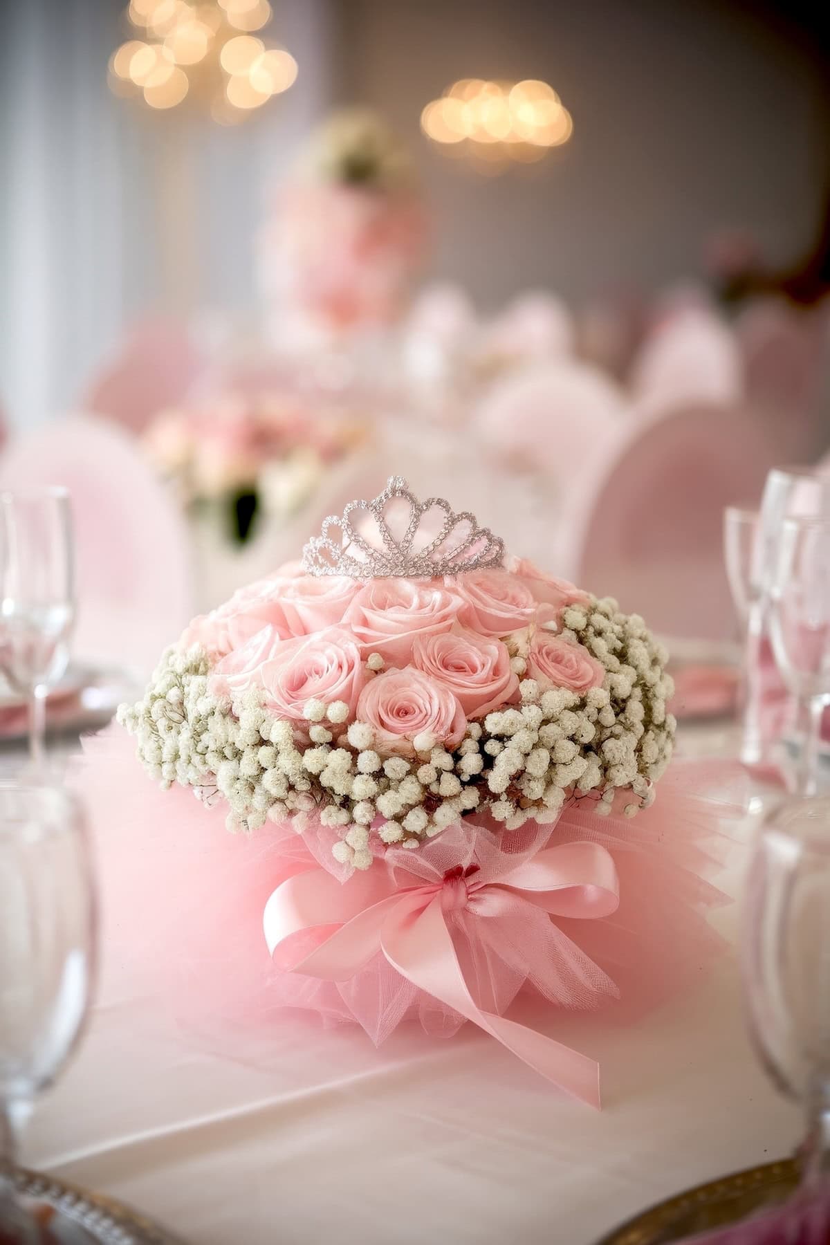 A decorative centerpiece ideal for weddings or baby showers showcases a round arrangement of pink roses and white baby's breath, topped with a small tiara. Set on a pink tulle base with a satin ribbon, it's surrounded by empty wine glasses and blurred background decor.