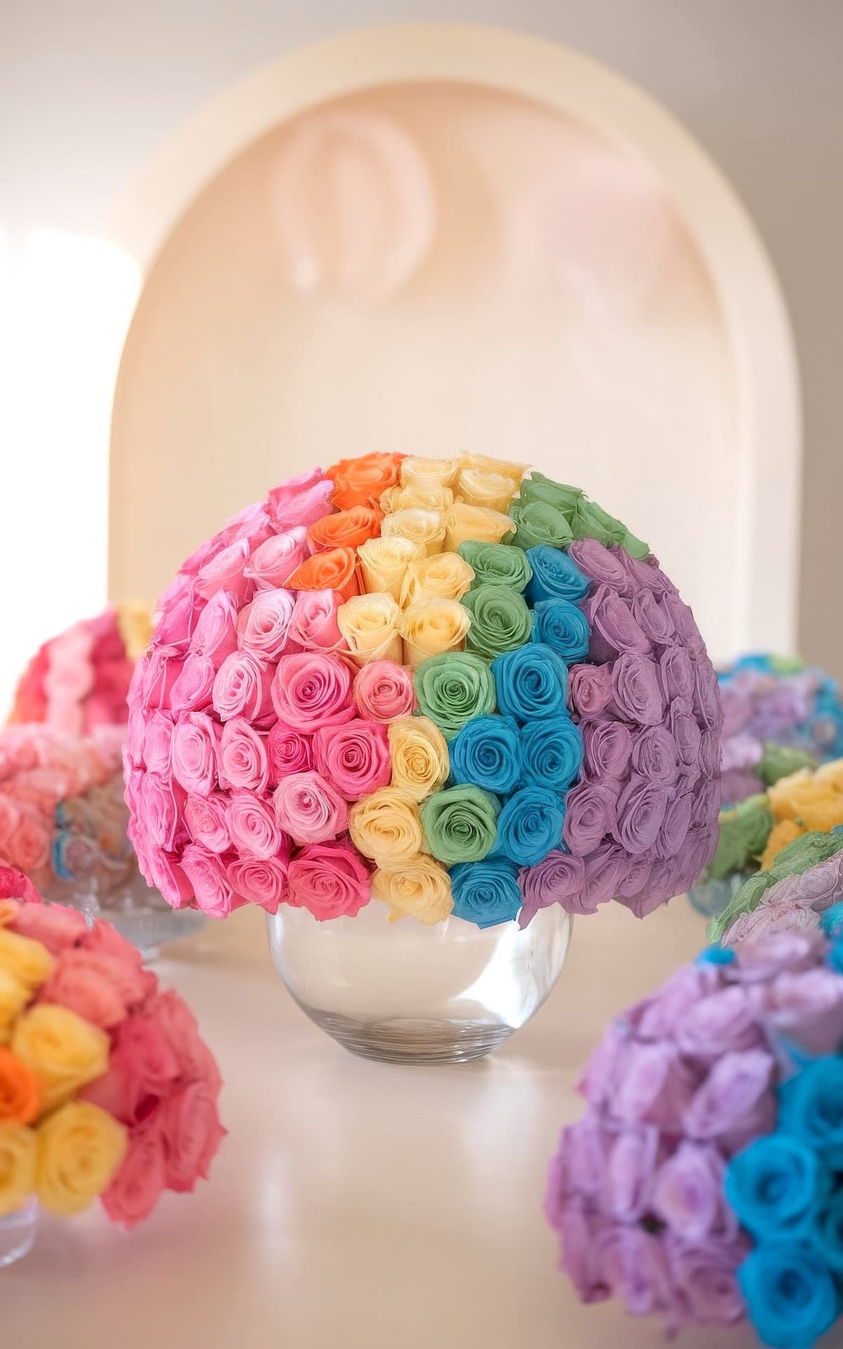 A dome-shaped bouquet of rolled colored paper flowers arranged in a gradient from pink, orange, yellow, green, blue to purple sits elegantly on a glass vase. Perfect as baby shower centerpieces, it's surrounded by smaller bouquets with matching rainbow patterns.