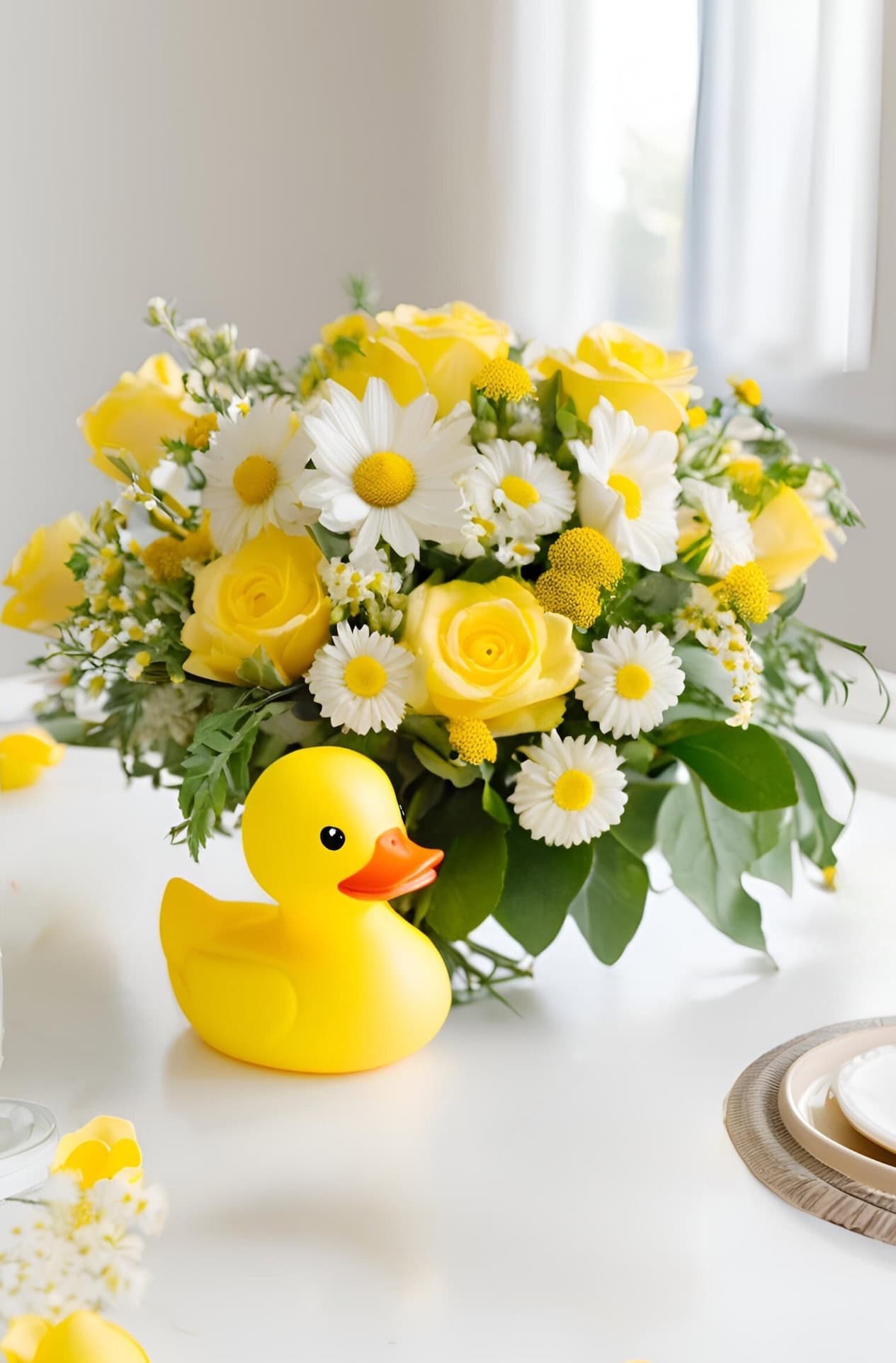 A vibrant bouquet of yellow and white flowers, including roses and daisies, graces the table as the perfect baby shower centerpiece. In front of the arrangement, a charming yellow rubber duck adds a playful touch to the bright and cheerful scene with natural light streaming in.