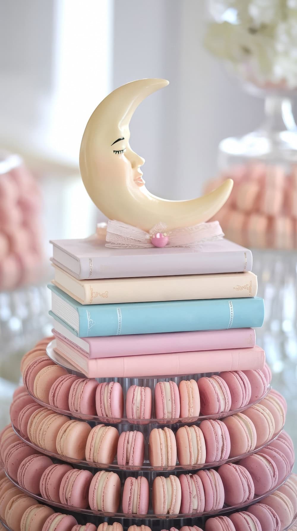 A decorative crescent moon figurine graces a stack of pastel-colored books, serving as an enchanting baby shower centerpiece atop a tiered platter filled with pink and peach macarons. The scene is elegantly set in a softly lit room with gently blurred background details.