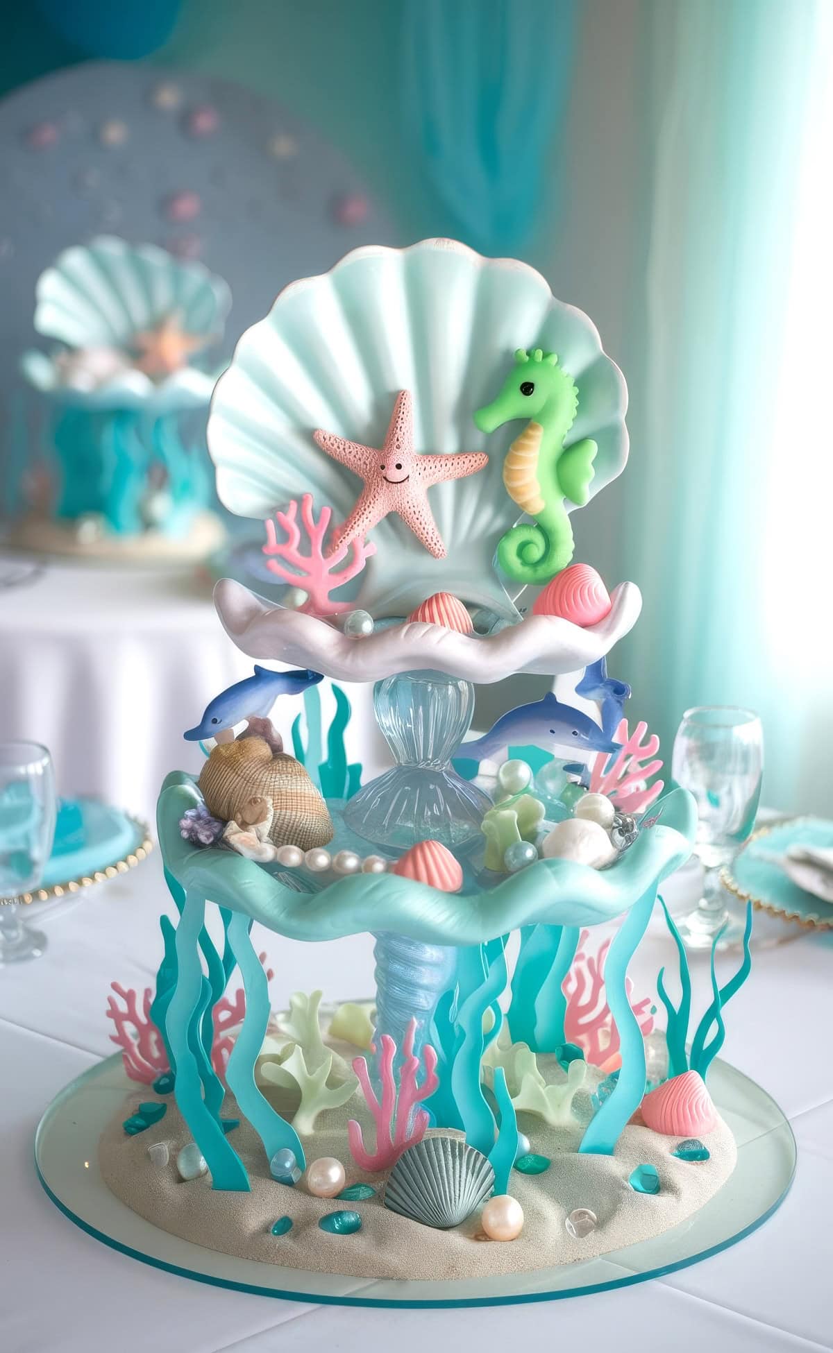 A whimsical undersea-themed baby shower centerpiece, features a seashell base surrounded by coral, seashells, and pearls. A starfish, seahorse, and dolphins adorn the top tier amid turquoise accents and elegantly set dining tables.