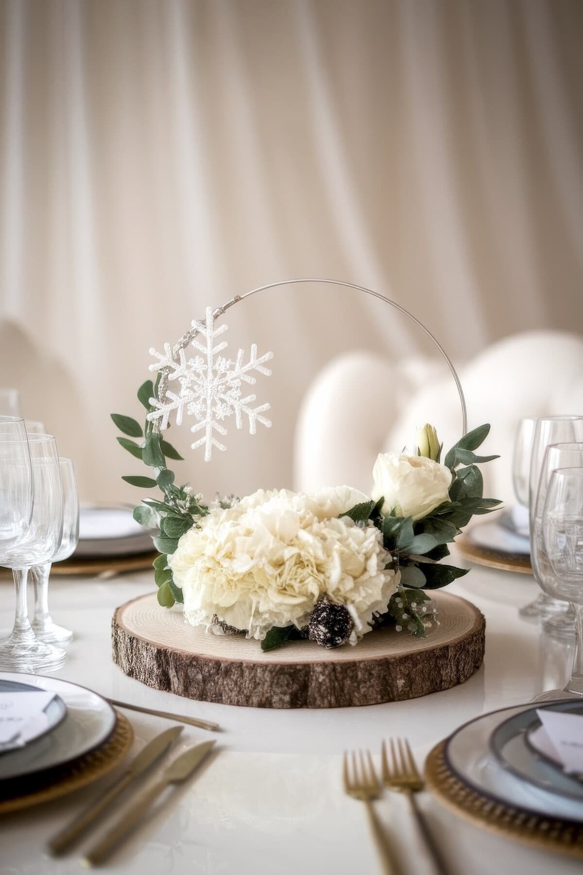 A winter-themed baby shower centerpiece featuring white flowers, pinecones, eucalyptus leaves, and a decorative snowflake on wire sits atop a wooden slice base. It's complemented by elegantly set dinnerware and clear glassware on a white tablecloth.
