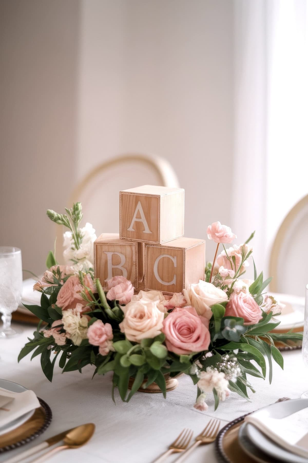A table centerpiece perfect for a baby shower features wooden blocks with the letters A, B, and C atop a floral arrangement of pink and white roses. The table is set with white plates, gold utensils, and elegant glassware as soft light filters through the window.