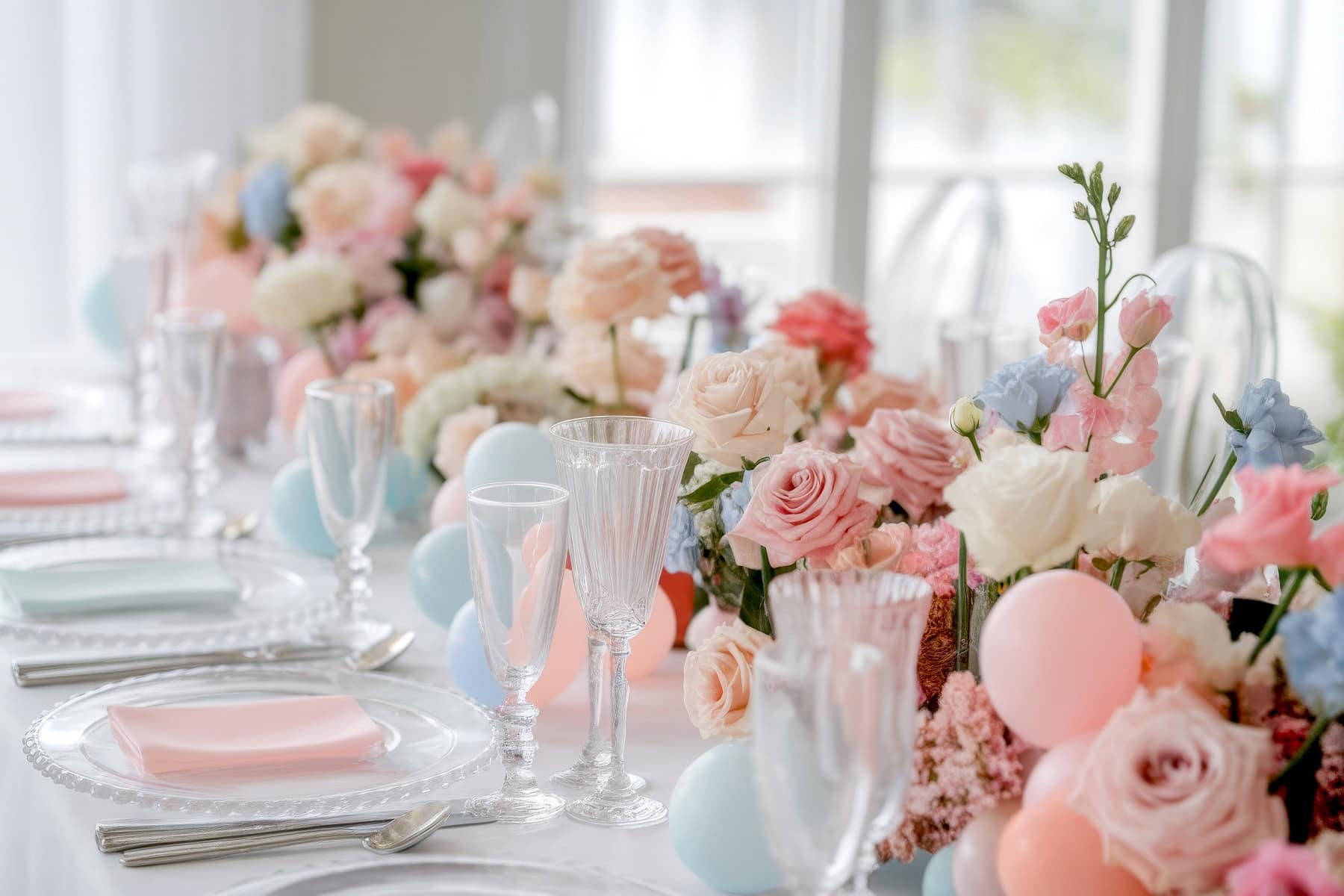A beautifully set table with pastel-colored floral arrangements, including pink roses and blue flowers, surrounded by clear glassware and soft pink napkins. Baby shower centerpieces and pastel balloons add a festive touch to the elegant white tablecloth setting.