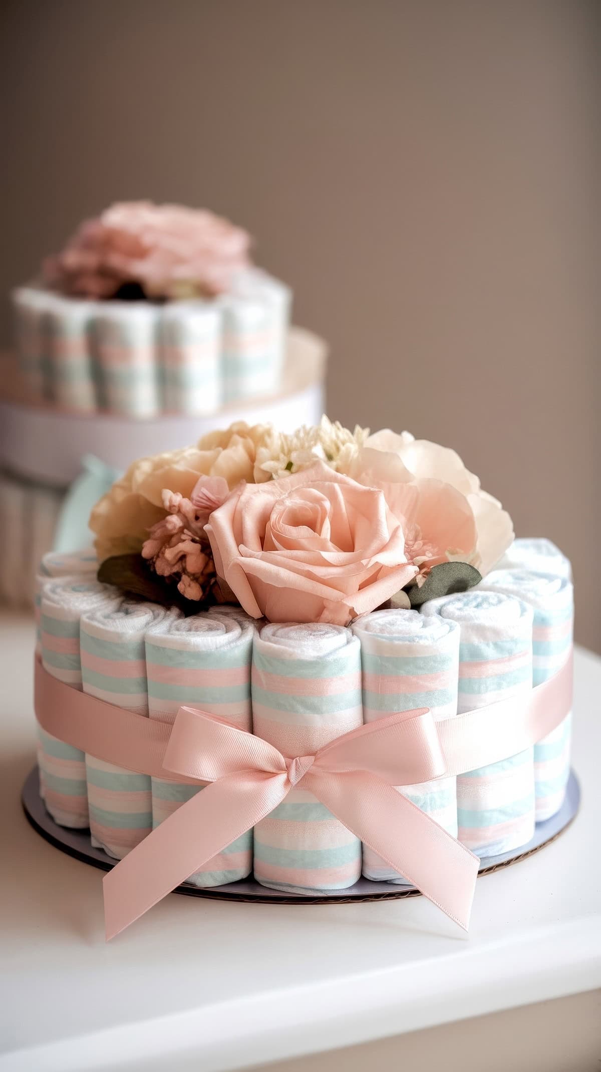 A diaper cake, perfect for a baby shower centerpiece, features pastel-colored diapers wrapped in a pink ribbon and topped with artificial flowers, including roses and hydrangeas. Another similar cake is artfully blurred in the background.