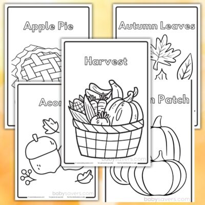A collage of five black and white fall coloring pages for kids. The free printables feature charming autumn themes like an apple pie, acorns, autumn leaves, a harvest basket with vegetables, and a pumpkin patch. Each page is titled to match the image, such as "Apple Pie" and "Autumn Leaves.