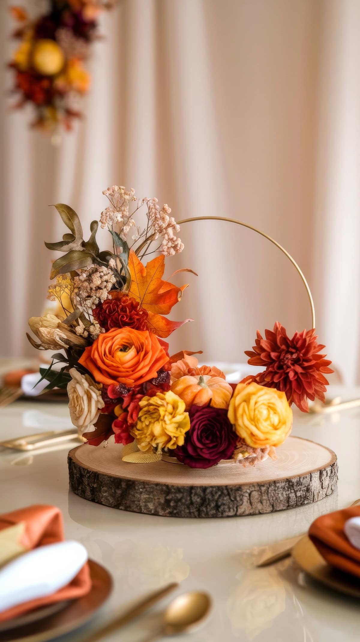 A floral arrangement with autumn-colored flowers, perfect for a fall baby shower centerpiece, features orange, yellow, and deep red blooms. It sits on a wooden slice with a gold hoop, capturing warmth and seasonal charm against a softly blurred background.