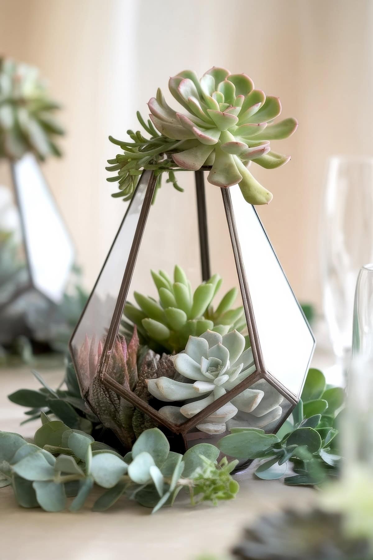 A geometric terrarium filled with various green succulents sits on a table, surrounded by greenery. The terrarium, perfect for centerpiece ideas at a baby shower, has glass panels and a metal frame. Soft lighting enhances the natural and elegant atmosphere.