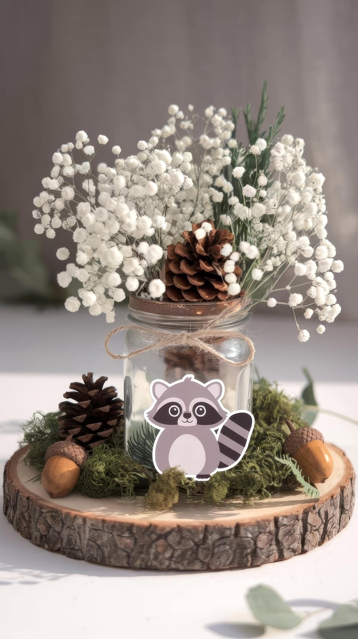 A decorative arrangement perfect for baby shower centerpieces features baby's breath flowers and pinecones in a glass jar, wrapped with twine. A cartoon raccoon cutout sits on moss alongside additional pinecones and acorns on a wooden slab base, adding charm to any celebration.