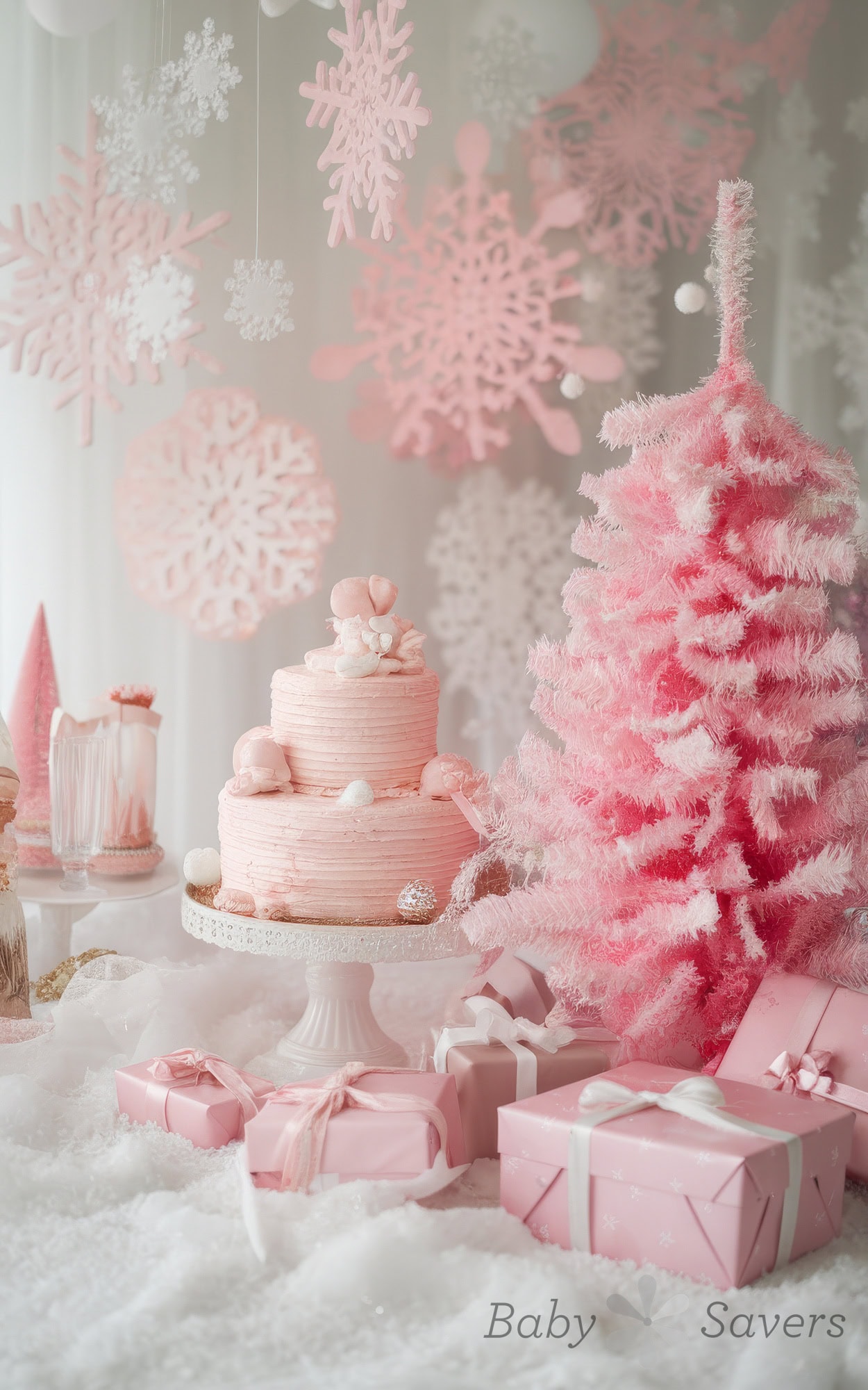 A festive scene with a pink winter wonderland Christmas theme features a decorated pink cake, a small pink Christmas tree, and wrapped pink gifts—a perfect setting for blending holiday charm with baby shower ideas. Delicate pink and white snowflakes hang gracefully in the background.
