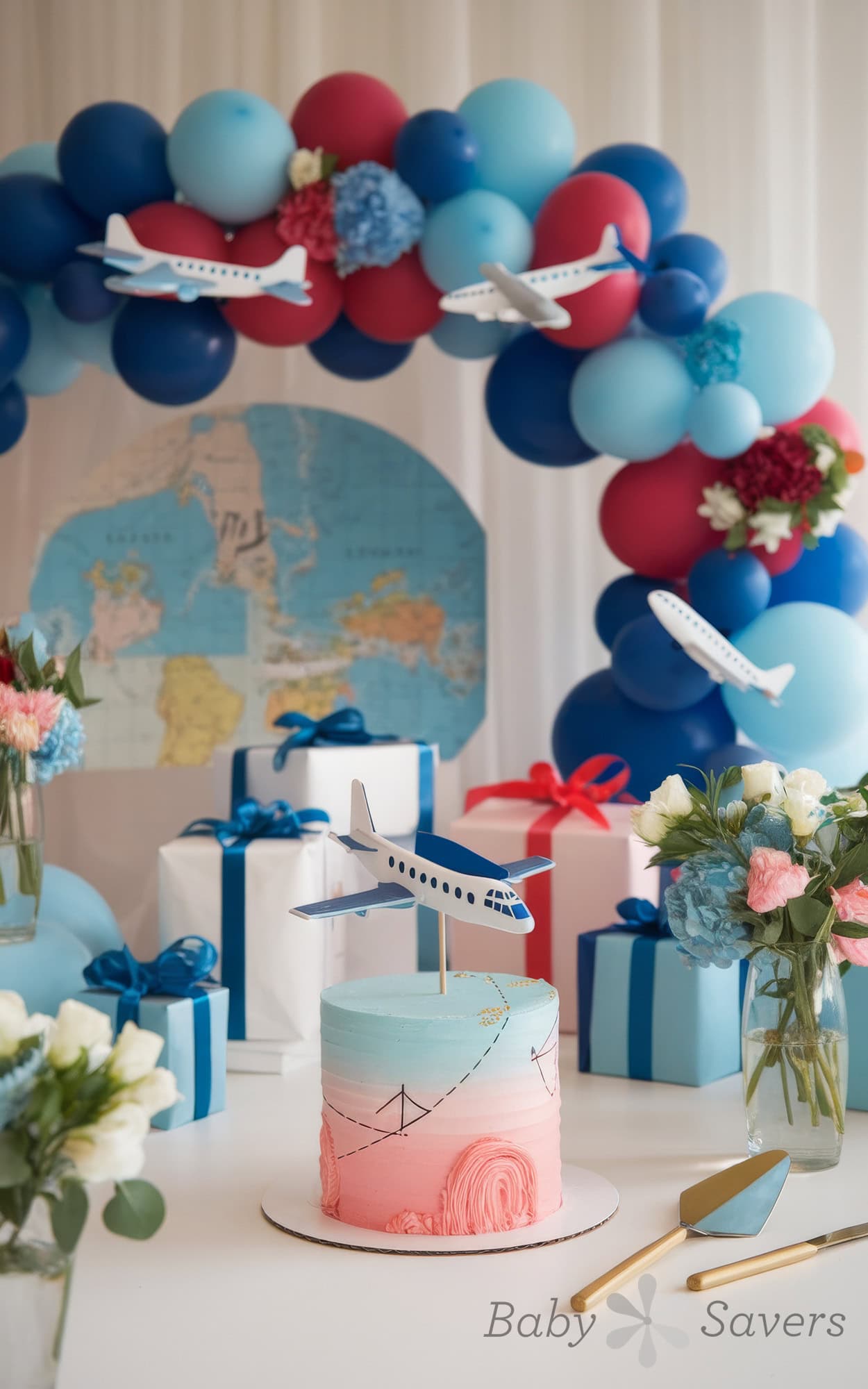 A travel-themed airplane birthday party setup doubles as one of the perfect baby shower ideas, airplane adventures, featuring a cake with an airplane topper, blue and pink balloon arch, globes, and wrapped gifts. The background displays a world map, while flowers are elegantly arranged around the table.