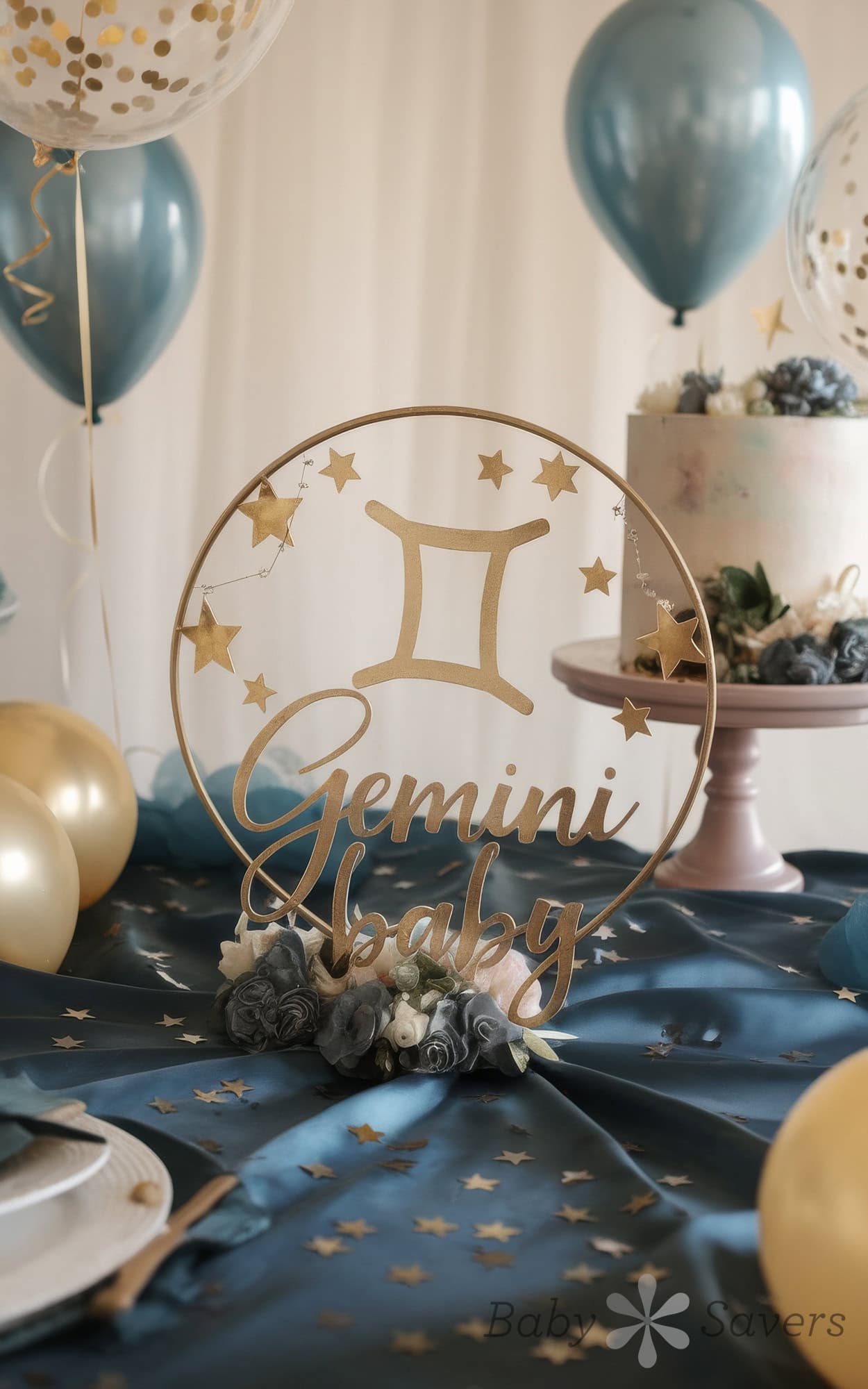 A festive table setup showcasing baby shower ideas features a "Gemini baby" sign adorned with star accents, surrounded by balloons and a cake. The table is draped in a blue cloth with gold star decorations, creating a celestial theme.