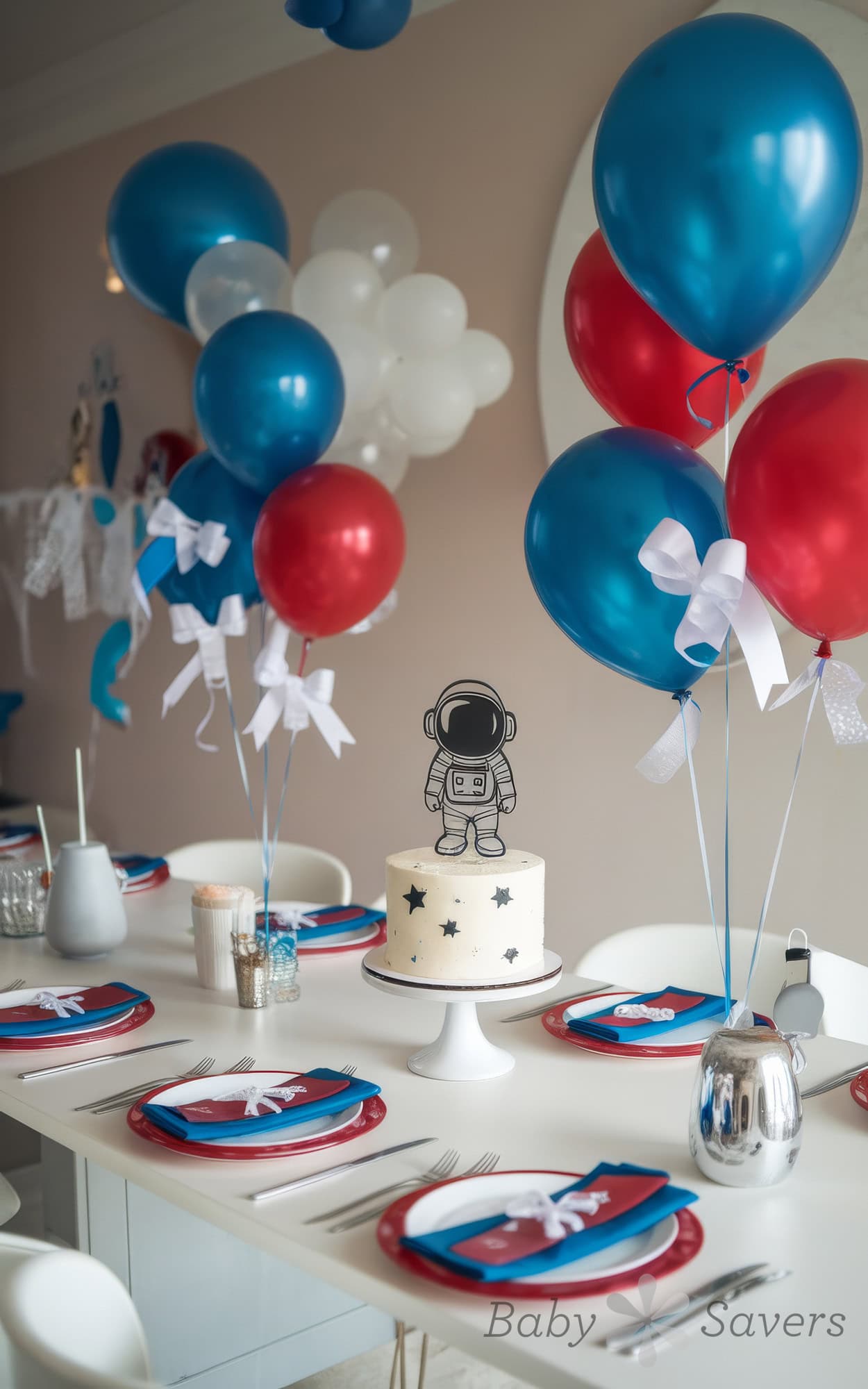 A space astronaut theme celebration perfect for baby shower ideas, featuring a white cake topped with an astronaut figure. The setting includes red and blue balloons, alongside a neatly arranged table with matching plates and napkins.