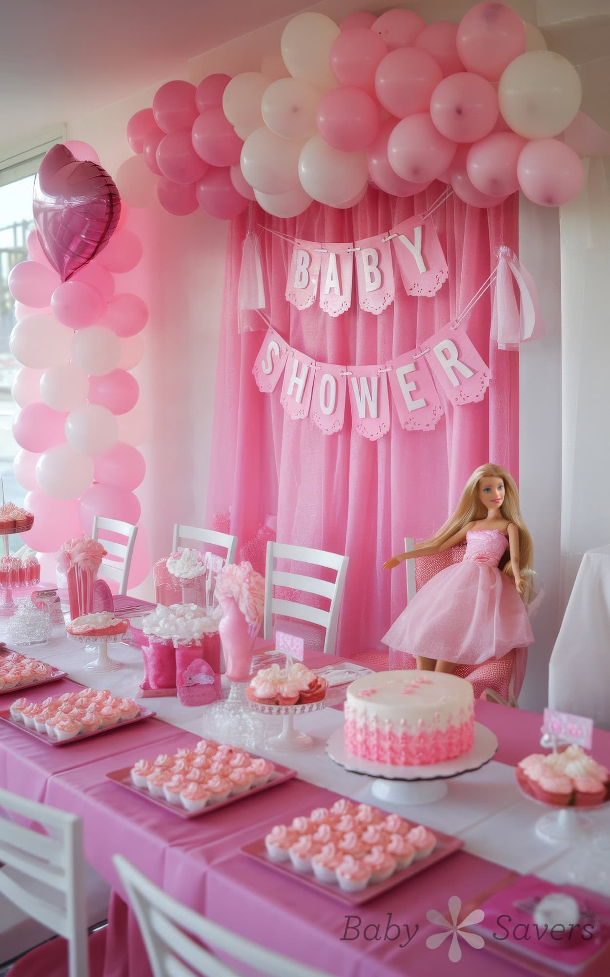 A pink and white themed barbie baby shower setup features creative ideas like balloons, a "Baby Shower" banner, a doll in a pink dress, a decorated cake, and an array of pink candies and treats atop a long table adorned with a pink tablecloth.