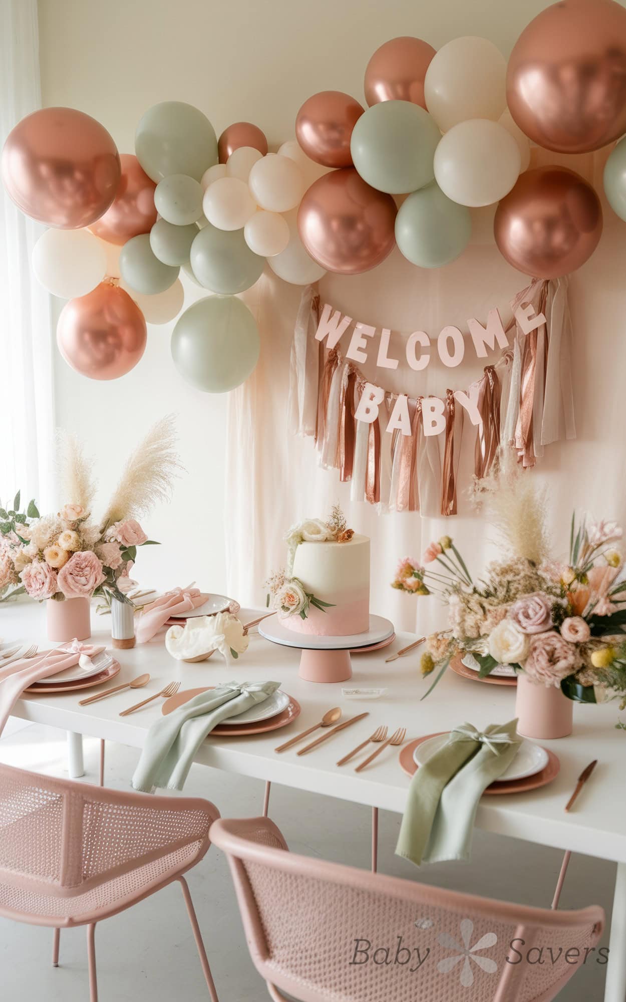 Explore enchanting boho baby shower ideas with this pastel-themed table, featuring a "Welcome Baby" banner. Decor includes pink, white, and green balloons, floral arrangements, a cake, elegant table settings with gold cutlery, and soft sage green napkins for that perfect touch.