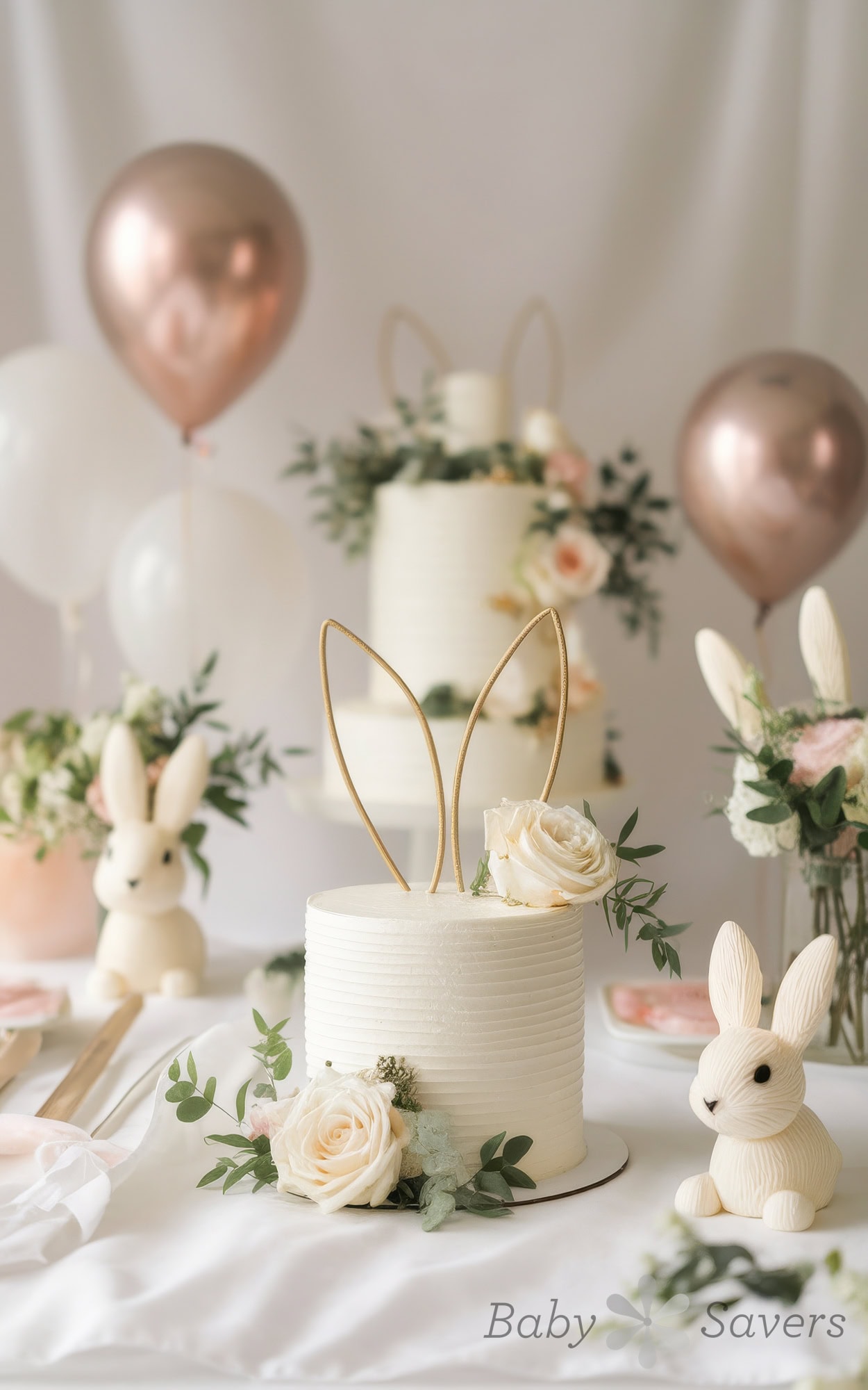 A white cake with a bunny ear topper and floral decorations, perfect for baby shower ideas, set among small rabbit figurines and pink balloons. Elegant table setting with flowers and a second taller cake in the background.