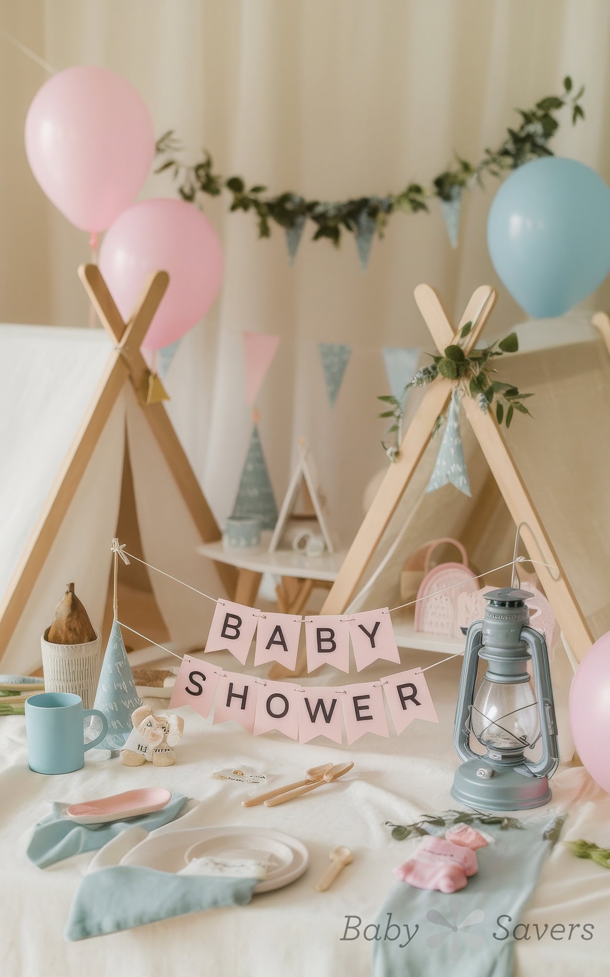 A cozy baby shower setup brimming with creative ideas includes mini tents, pink and blue balloons, and a table adorned with a pink "Baby Shower" banner. The arrangement features a lantern, plates, cups, cupcakes, and soft pastel decorations for an enchanting atmosphere.