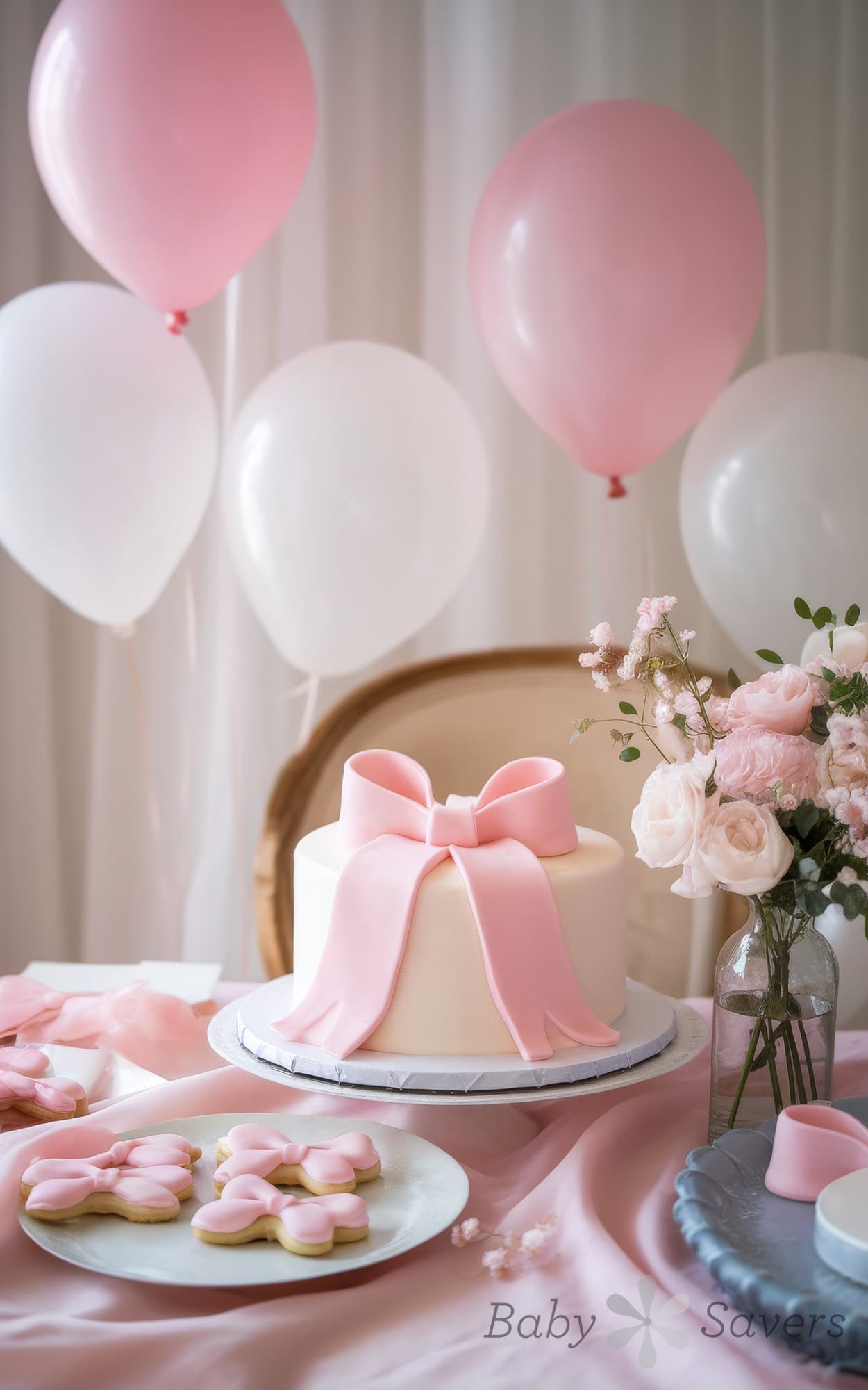 A beautifully decorated table showcases a white cake with a large pink bow, perfect for those coquette baby shower ideas. It's surrounded by pink and white balloons, with cookies shaped like bows on a plate. A vase of pink and white flowers completes the elegant and festive setup.