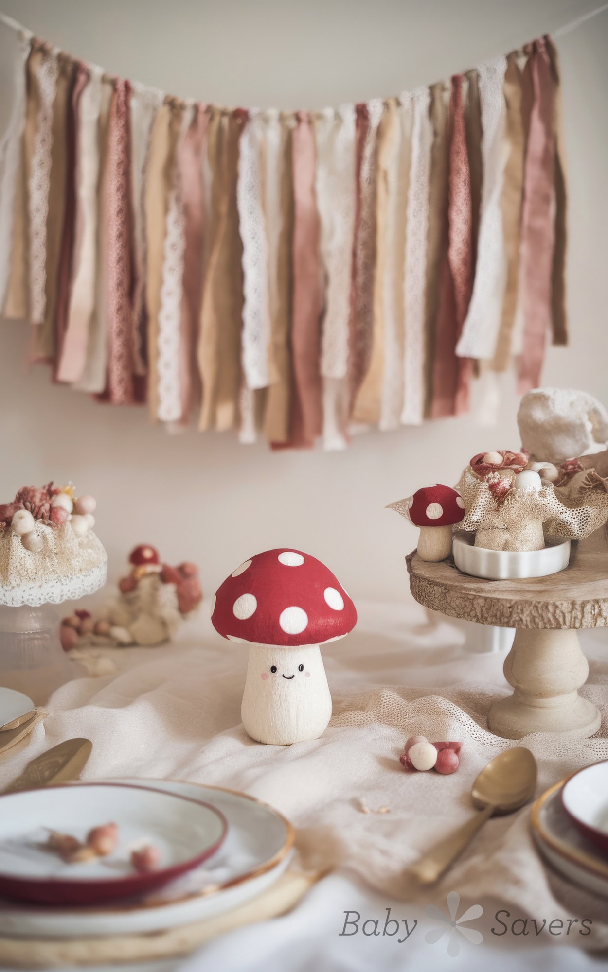A whimsical table setting perfect for cottagecore baby shower ideas features a cute red and white spotted mushroom decoration. There's a variety of treats on wooden stands, and a soft, rustic fabric garland hangs in the background. Plates and napkins are neatly arranged.
