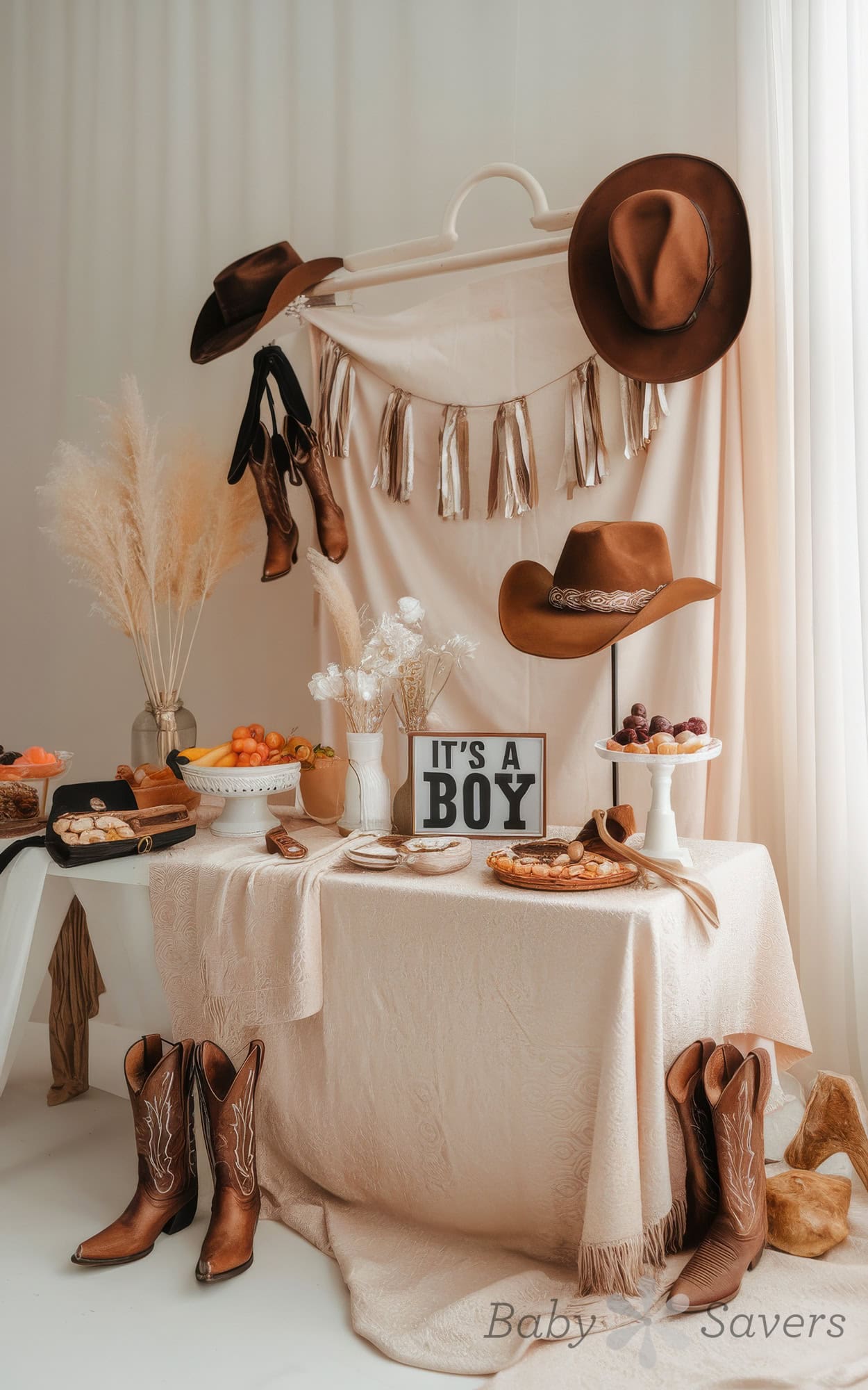 Explore charming baby shower ideas with a wild wild west theme or a little cowboy theme, featuring cowboy hats, boots, and delightful decor. A cheerful "It's a Boy" sign adorns a table overflowing with desserts and fruits. Neutral tones and pampas grass beautifully enhance the rustic ambiance.