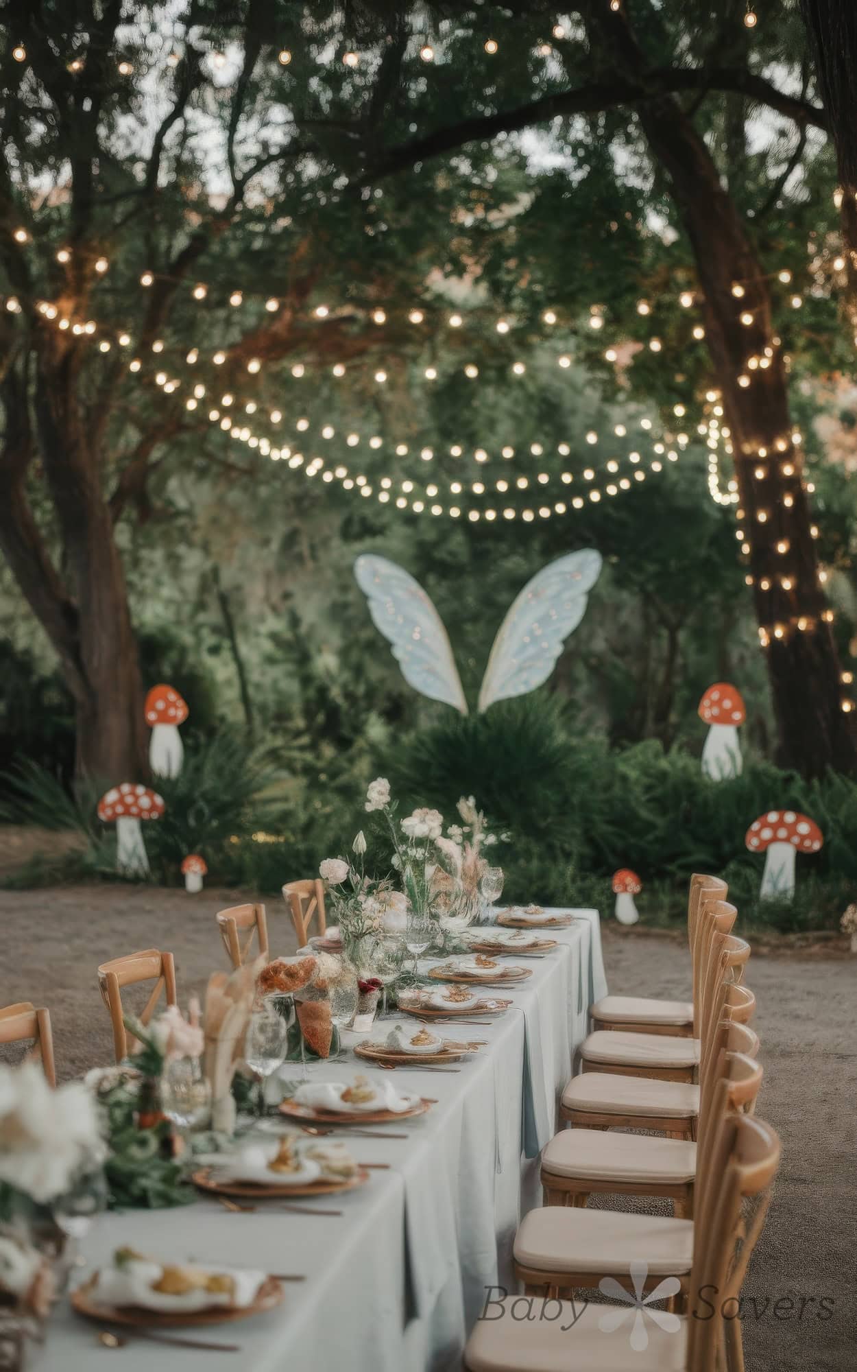 An outdoor dining setup perfect for baby shower ideas, like an enchanted forest theme, features a long table with white tablecloths, elegantly arranged tableware, and floral centerpieces. String lights hang above, while large butterfly wings add whimsy amidst mushroom decorations and lush greenery.