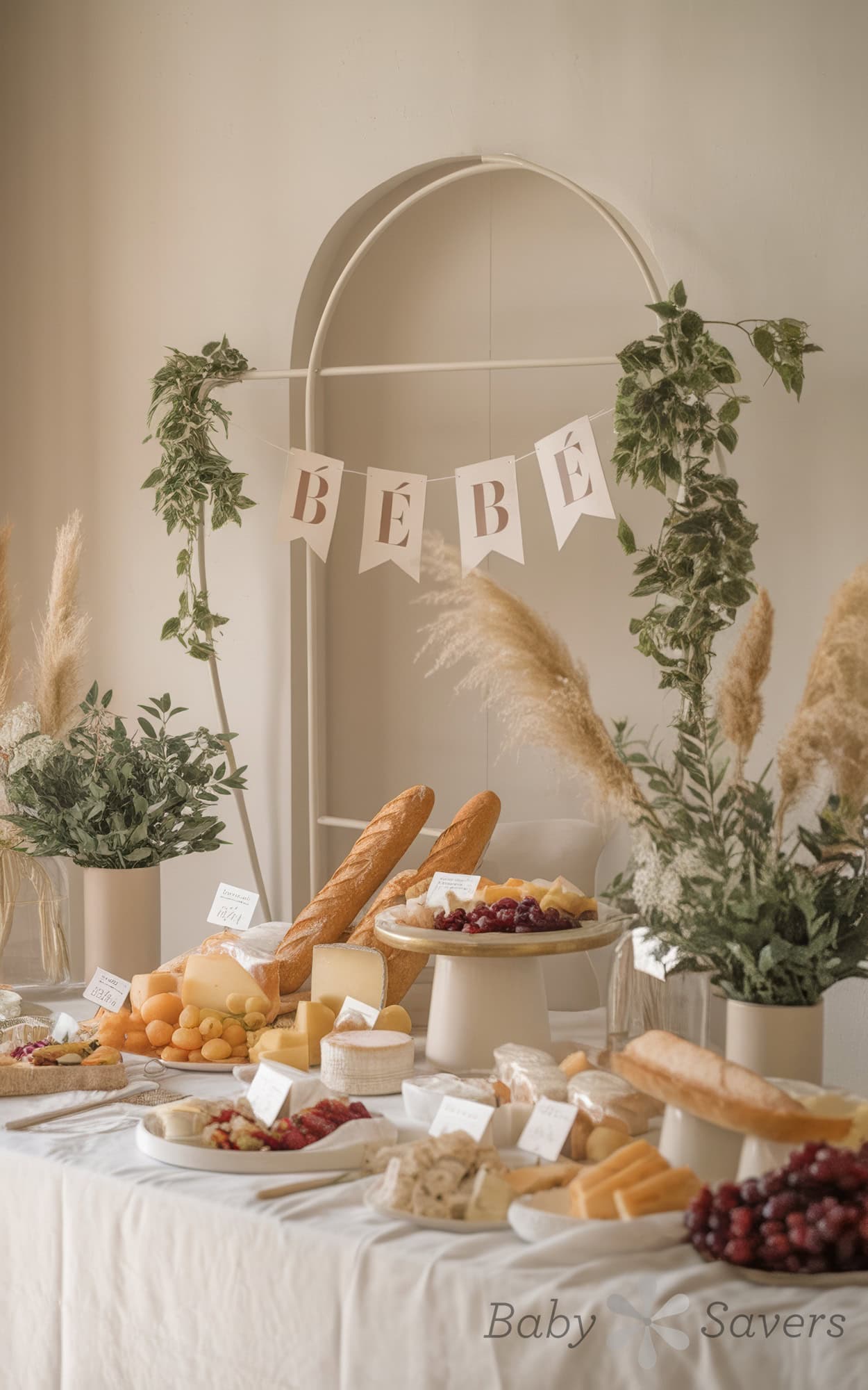 The baby shower table, a showcase of elegant french market baby shower ideas, is adorned with various cheeses, fruits, bread, and pastries. Greenery and pampas grass decorate the space, while a "Bébé" banner hangs above. The soft theme adds a graceful touch to the celebration.