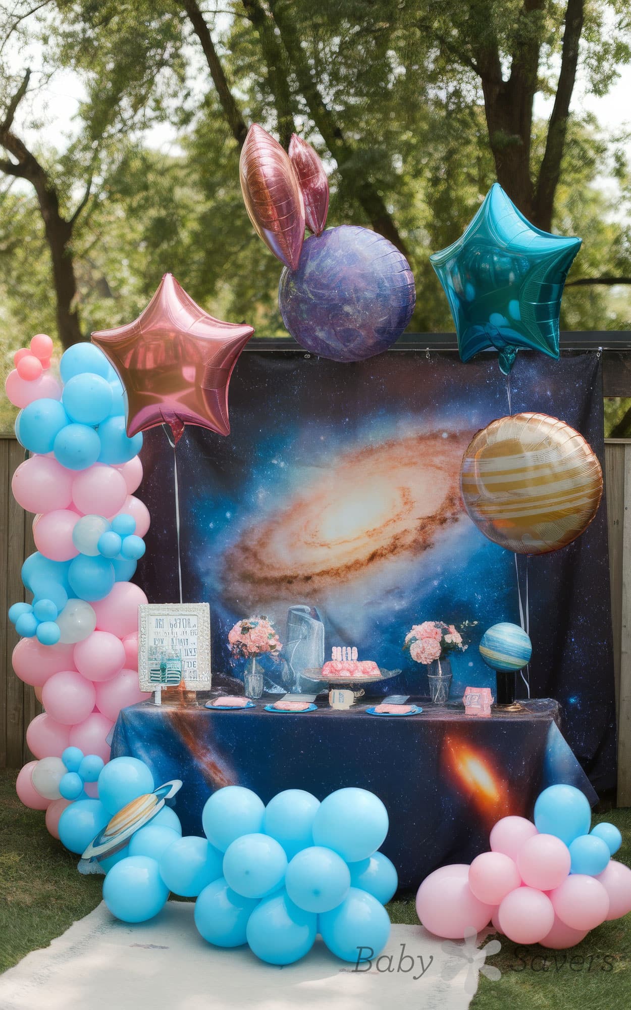 A galaxy themed baby shower setup with a galaxy backdrop, star and planet-shaped balloons, and a table covered in galaxy print cloth. The table features flowers, sweets, and a sign. Pink and blue balloon decorations frame the scene while trees are visible in the background.