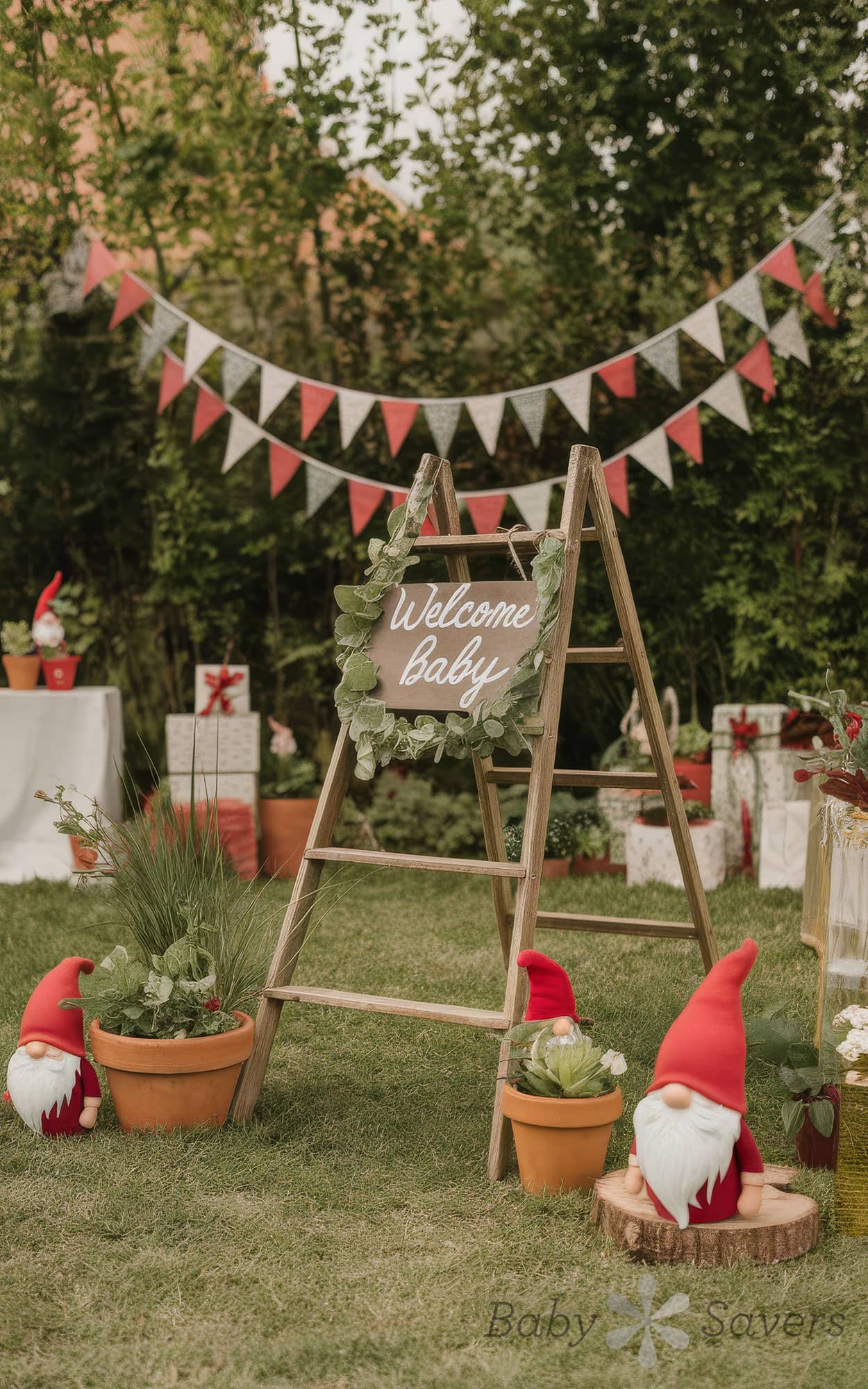 A garden-themed baby shower brimming with charming baby shower ideas features potted plants, red and white gnomes, and a wooden easel showcasing a "Welcome Baby" sign. Red and white bunting adorns the backdrop, while wrapped gifts await on a nearby table.