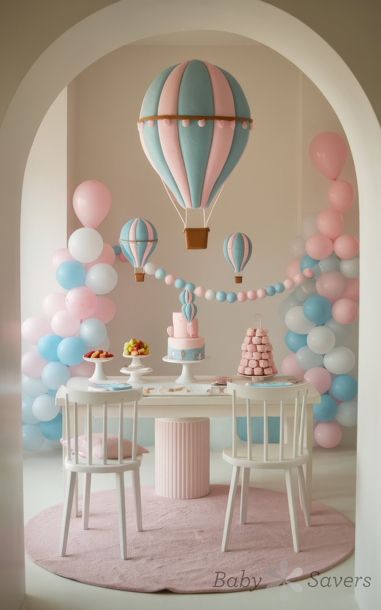 A whimsical, pastel-themed birthday party setup offers delightful hot air balloon theme baby shower ideas with a pink and blue hot air balloon decor. A white table holds desserts, a decorated cake, and two white chairs in a room sparkling with pink and blue balloons.