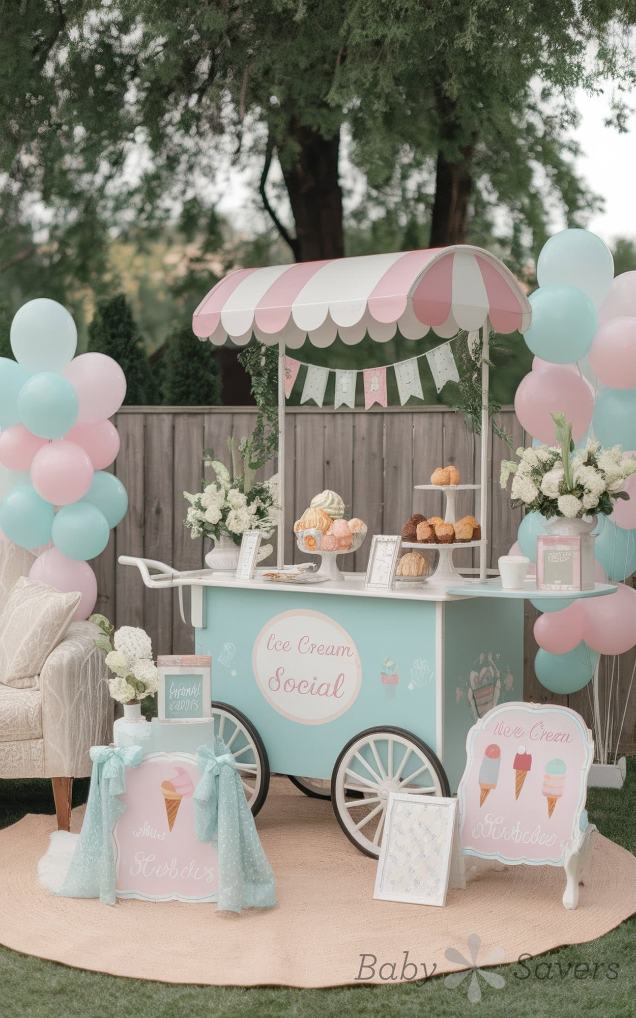 A pastel-colored ice cream cart adorned with decorative balloons, banners, and flowers creates the perfect ice cream social baby shower idea. Featuring an "Ice Cream Social" sign, alongside cupcakes and jars, it invites guests to indulge while a cozy armchair rests nearby in the charming outdoor garden setting.