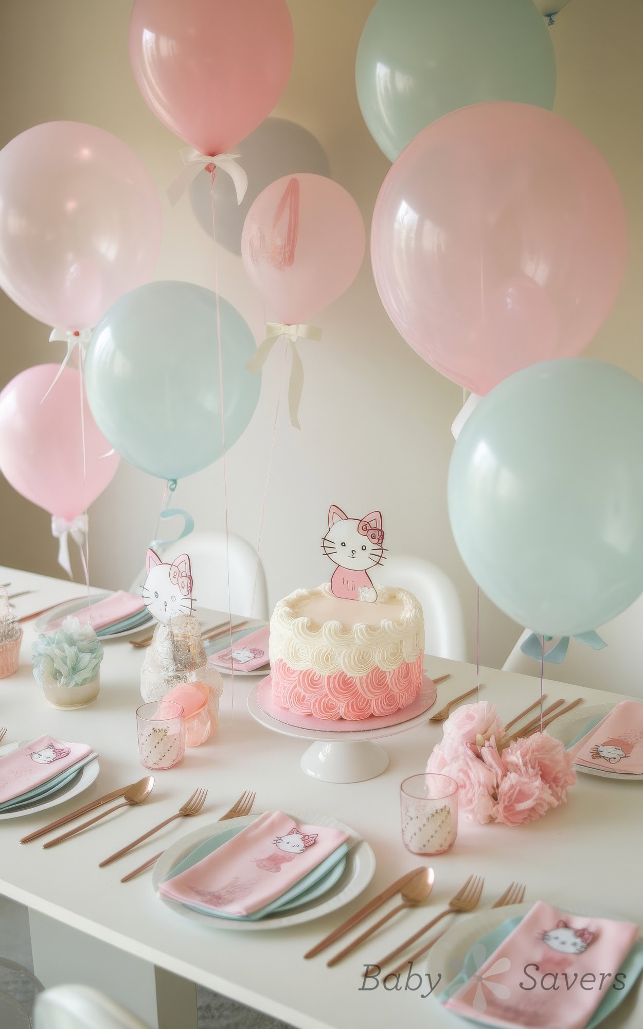 A pastel-themed birthday party or baby shower table is set with a white cake featuring a cartoon cat topper, pink and blue balloons, cat-themed napkins, and elegant rose gold cutlery—perfect inspiration for charming baby shower ideas.