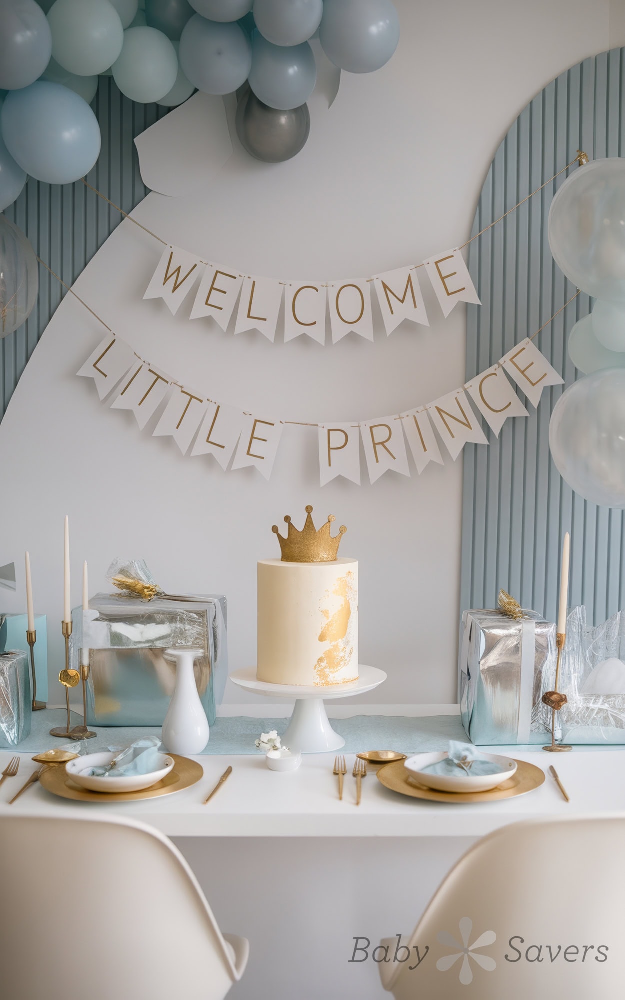 Explore charming baby shower ideas with a Little Prince or Le Petit Prince theme: a cake crowned in gold, under a "Welcome Little Prince" banner. The table dazzles with white and gold accents, gift boxes, candles, and balloons in serene shades of blue, silver, and white.