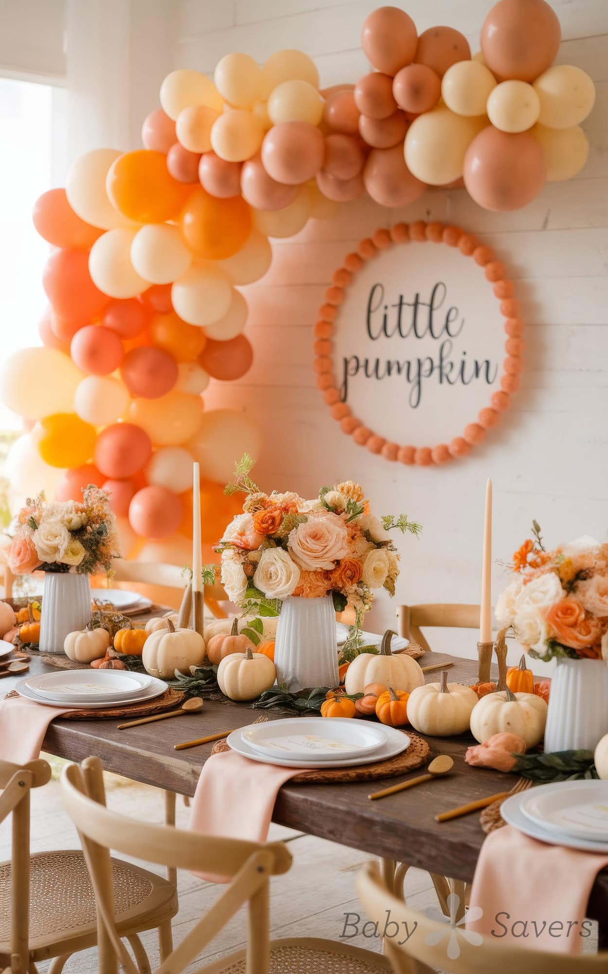 A festive autumn-themed table setting perfect for pumpkin baby shower ideas features a garland of orange and cream balloons, a "little pumpkin" sign, and floral arrangements with roses. The wooden table is adorned with white plates, beige napkins, pink candles, and small pumpkins as decor.