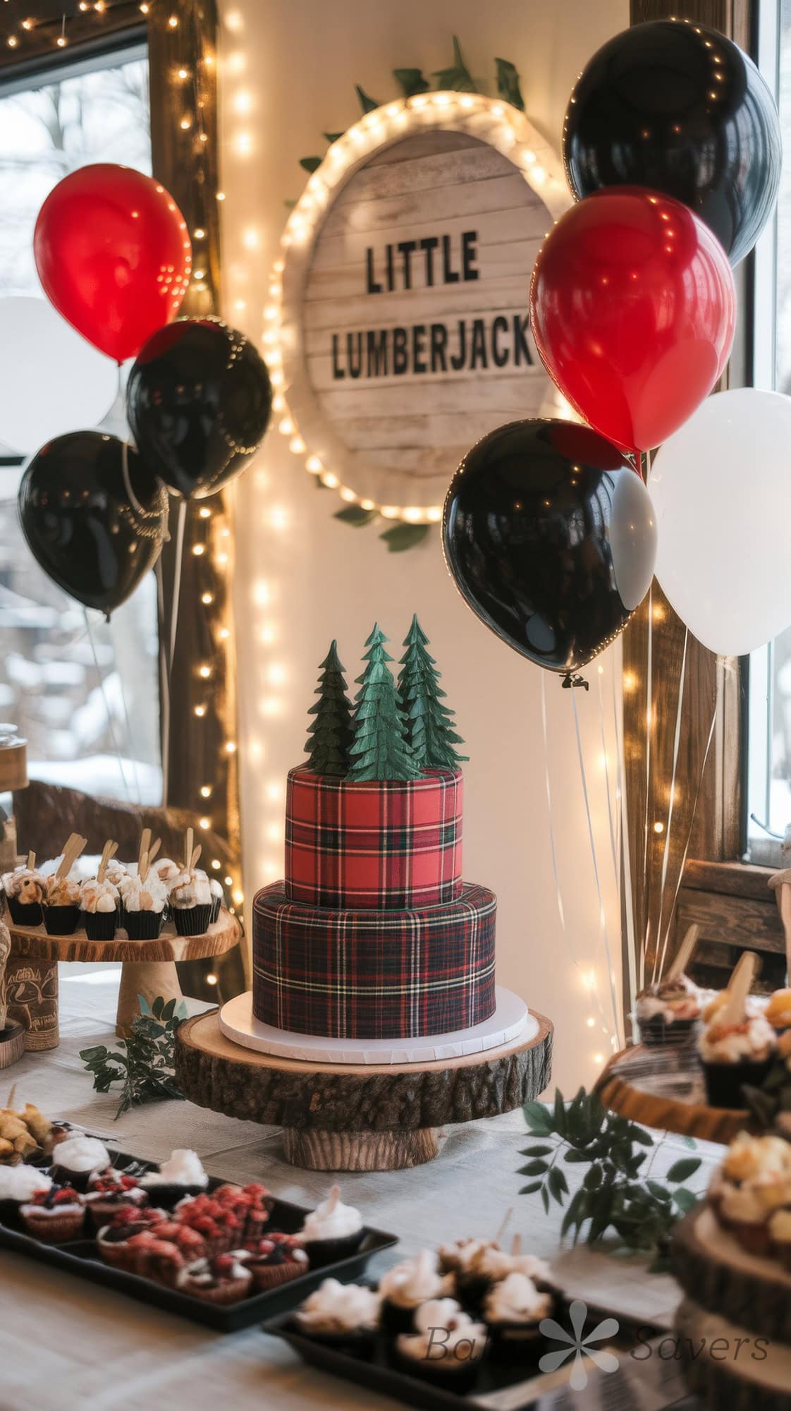 A lumberjack-themed baby shower setup features a plaid cake with tree decorations, surrounded by black and red balloons. A sign reads "Little Lumberjack." Wooden platters display various desserts on the table, illuminated by twinkling string lights for a cozy celebration.