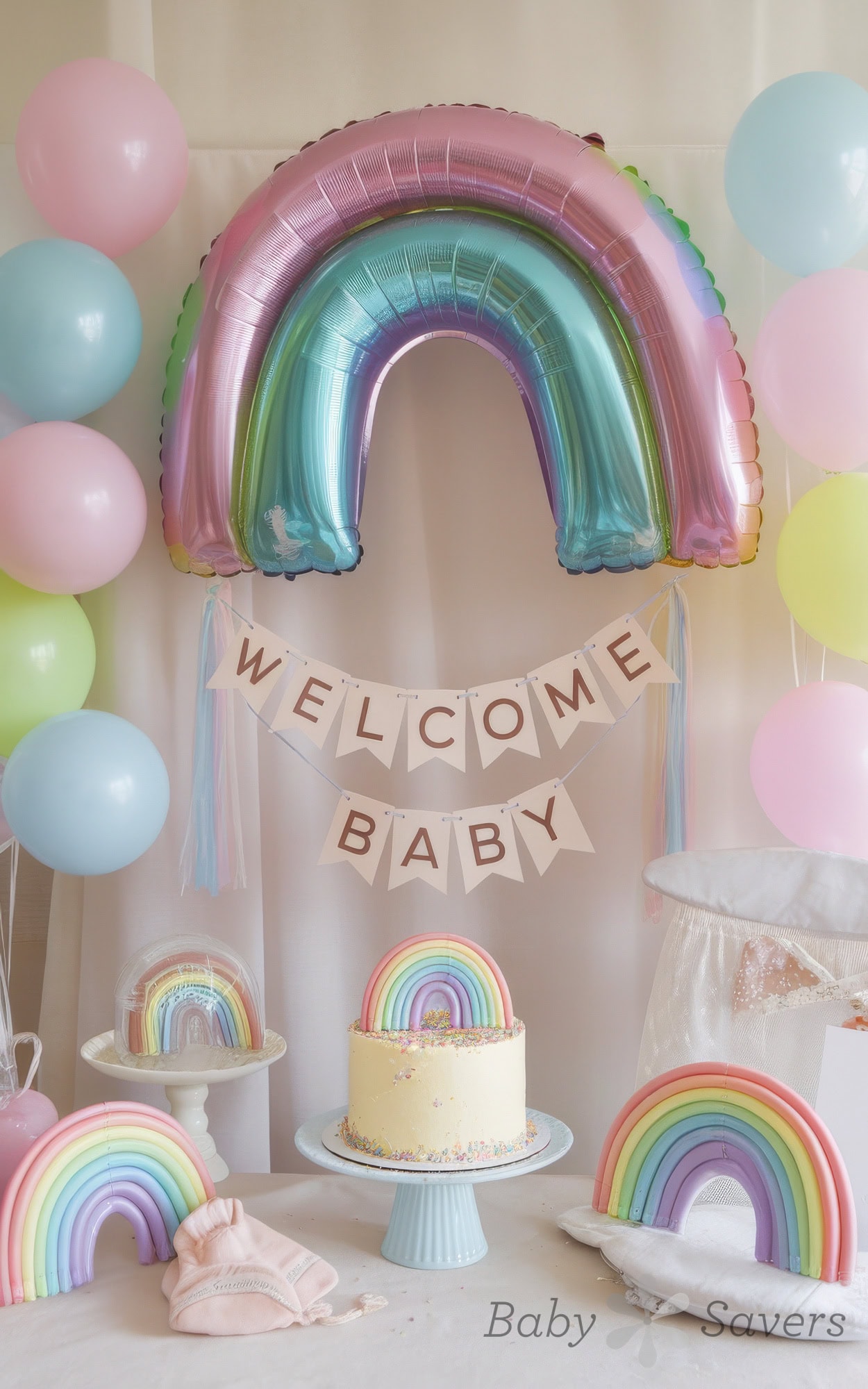 A whimsical pastel rainbow baby shower setup features pastel-colored rainbow balloons and a "Welcome Baby" banner. For unique baby shower ideas, a cake with a rainbow topper sits surrounded by more vibrant decorations, complemented by pink, blue, and green balloons.