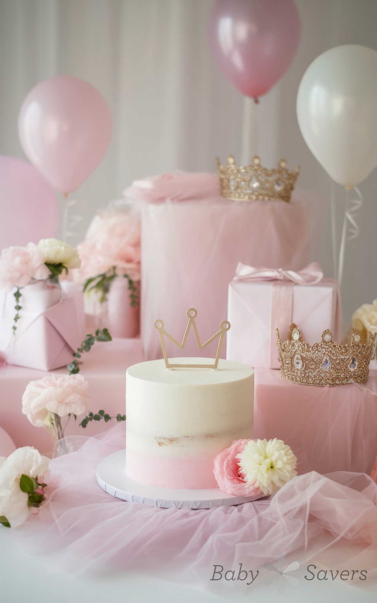 A delightful pink and white birthday or princess baby shower setup, perfect for baby shower ideas, featuring a two-tier cake with a gold crown topper. Surrounding are pink balloons, floral arrangements, gift boxes, and decorative crowns, all elegantly displayed on a pink tulle tablecloth.