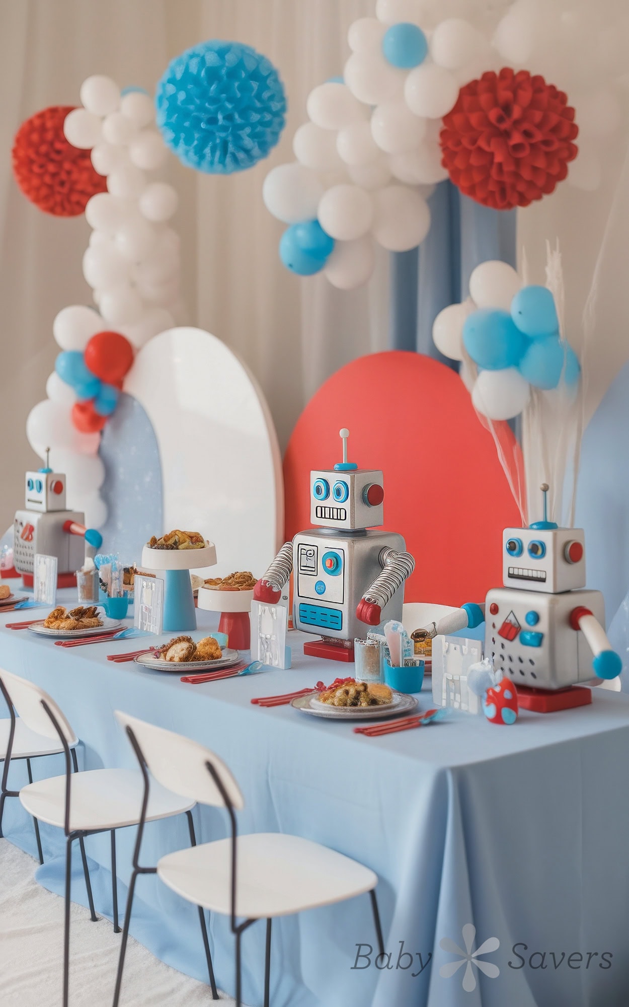 A festive robot-themed baby shower setup  featuring three robot decorations on a blue-clothed table with plates of food. Red, blue, and white balloons provide a vibrant backdrop alongside a large red circle and white oval panels. Also great for a robot birthday party