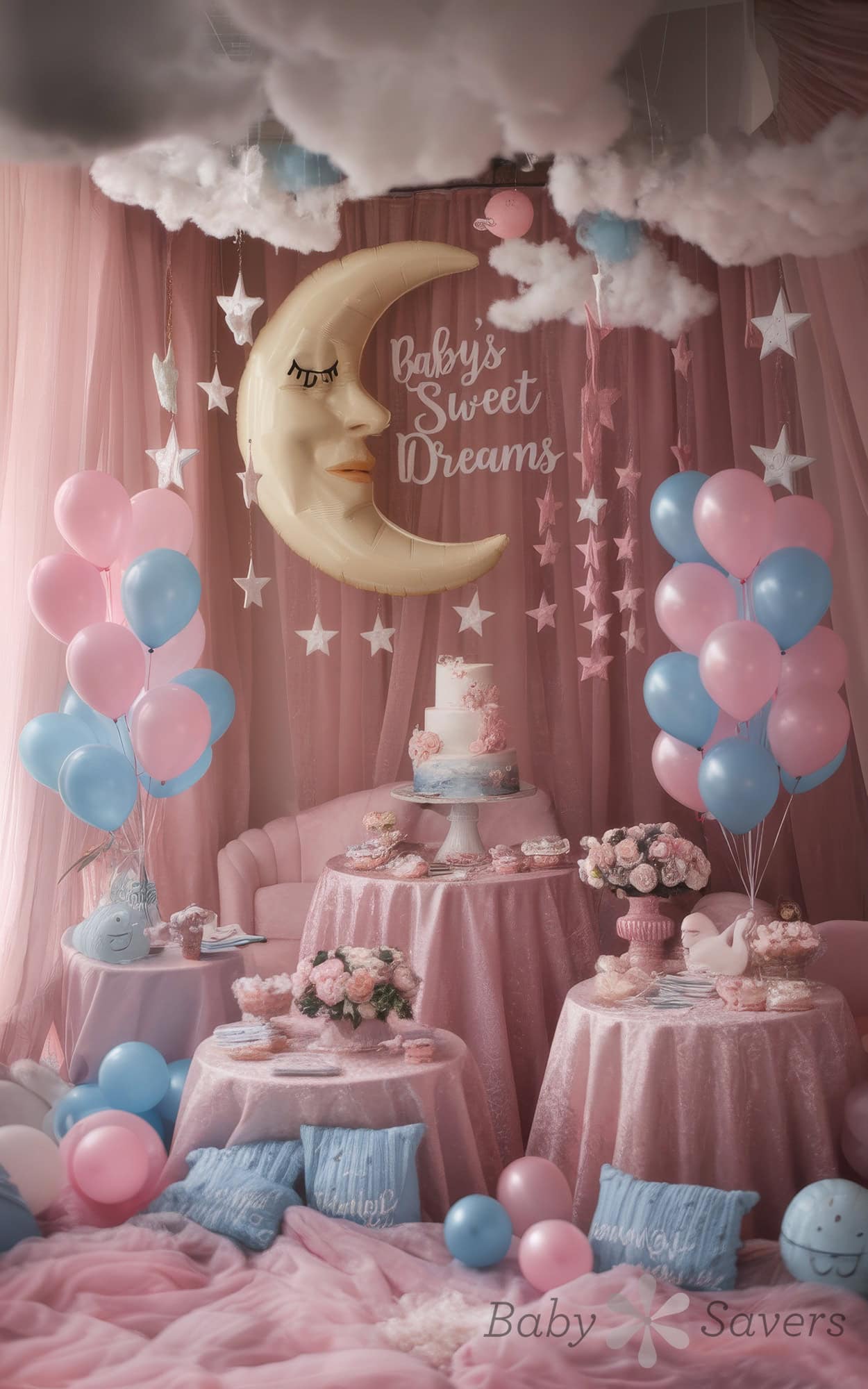 Discover enchanting baby shower ideas with a dreamy theme. A large moon displays "Baby's Sweet Dreams," while pink and blue balloons, star garlands, and plush velvet decor set the scene. Soft clouds float above a cake on the table, creating a whimsical atmosphere.