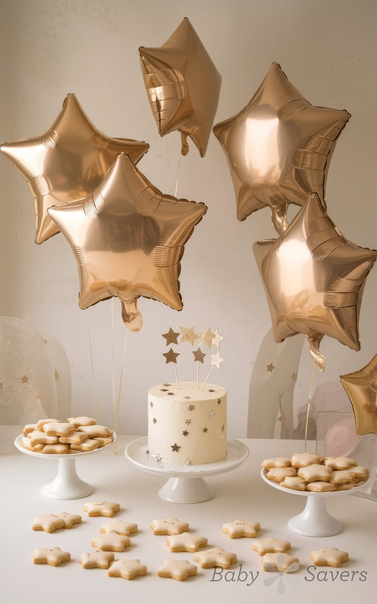 A twinkle twinkle little star themed birthday scene, perfect for baby shower ideas, features a white cake adorned with star decorations. Surrounded by golden star-shaped balloons and cookies on pedestals, the elegant setup crafts a festive atmosphere ideal for celebrating special moments.