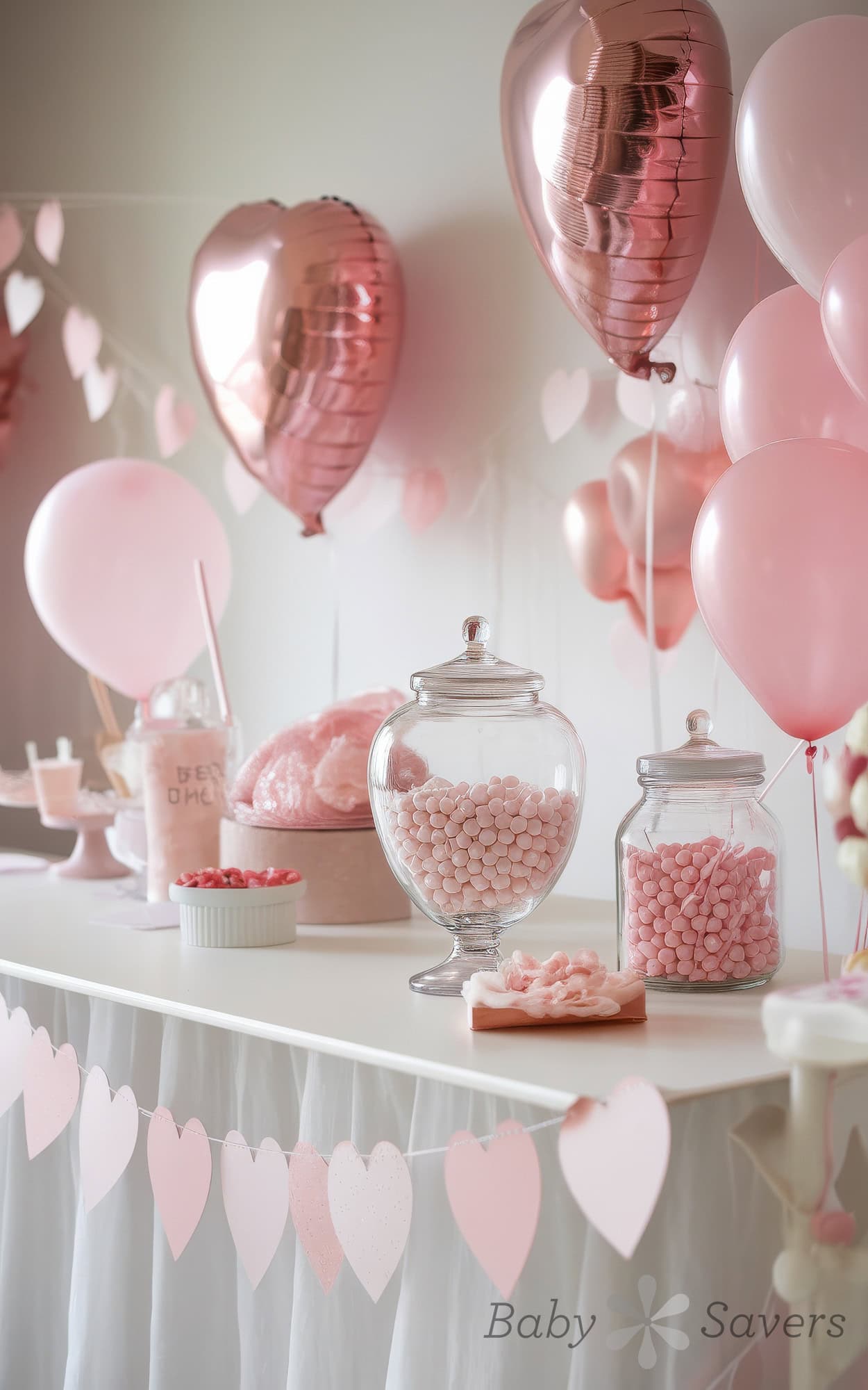A pastel-themed valentine baby shower dessert table with pink and white decorations offers delightful baby shower ideas. Features include heart-shaped balloons, jars of pink candies, and a charming heart garland.