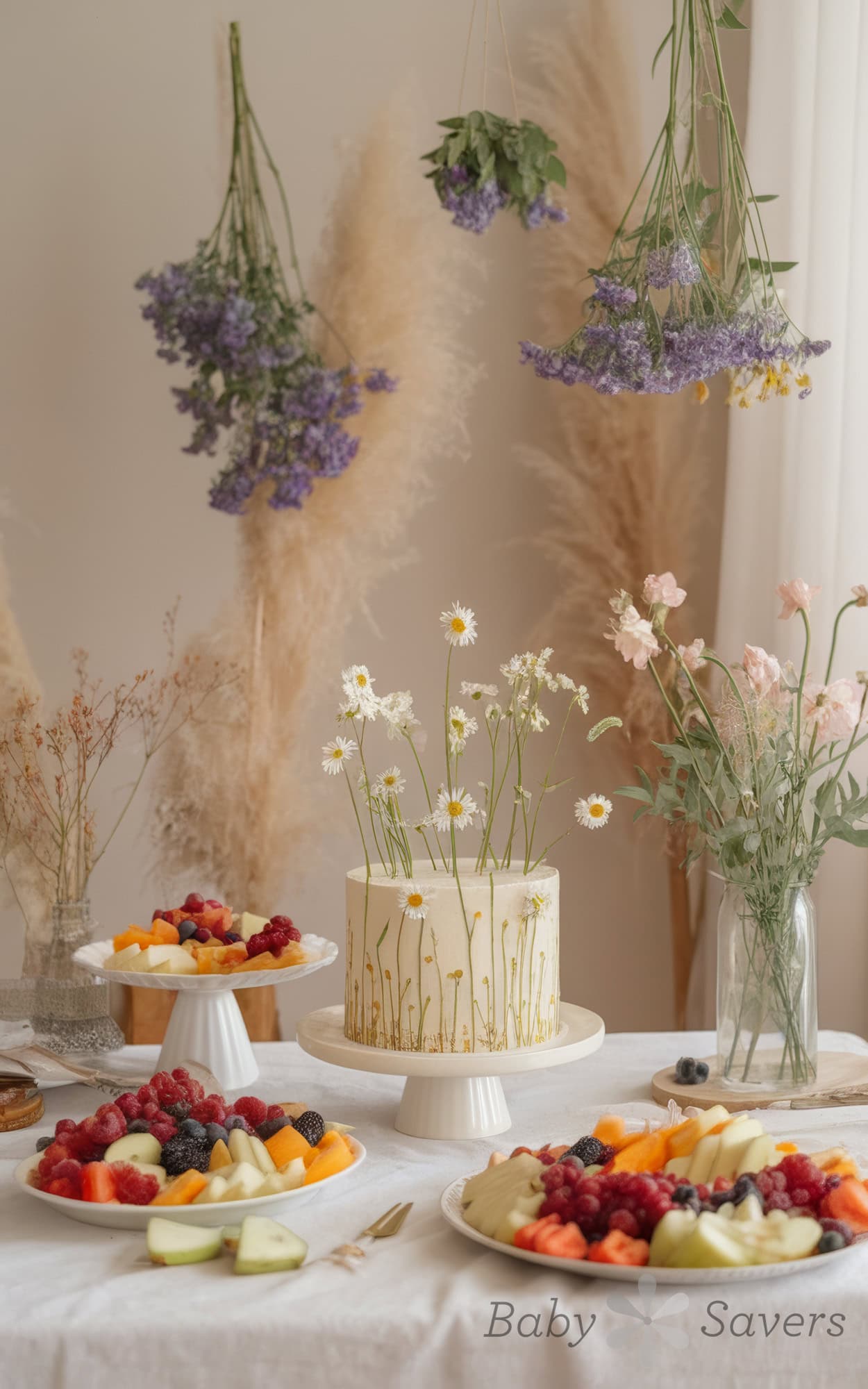 A decorated table with a floral-themed cake, perfect for wildflower baby shower ideas, is surrounded by plates of assorted fresh fruits. Hanging dried flowers provide a rustic backdrop, enhancing the elegant, natural aesthetic.