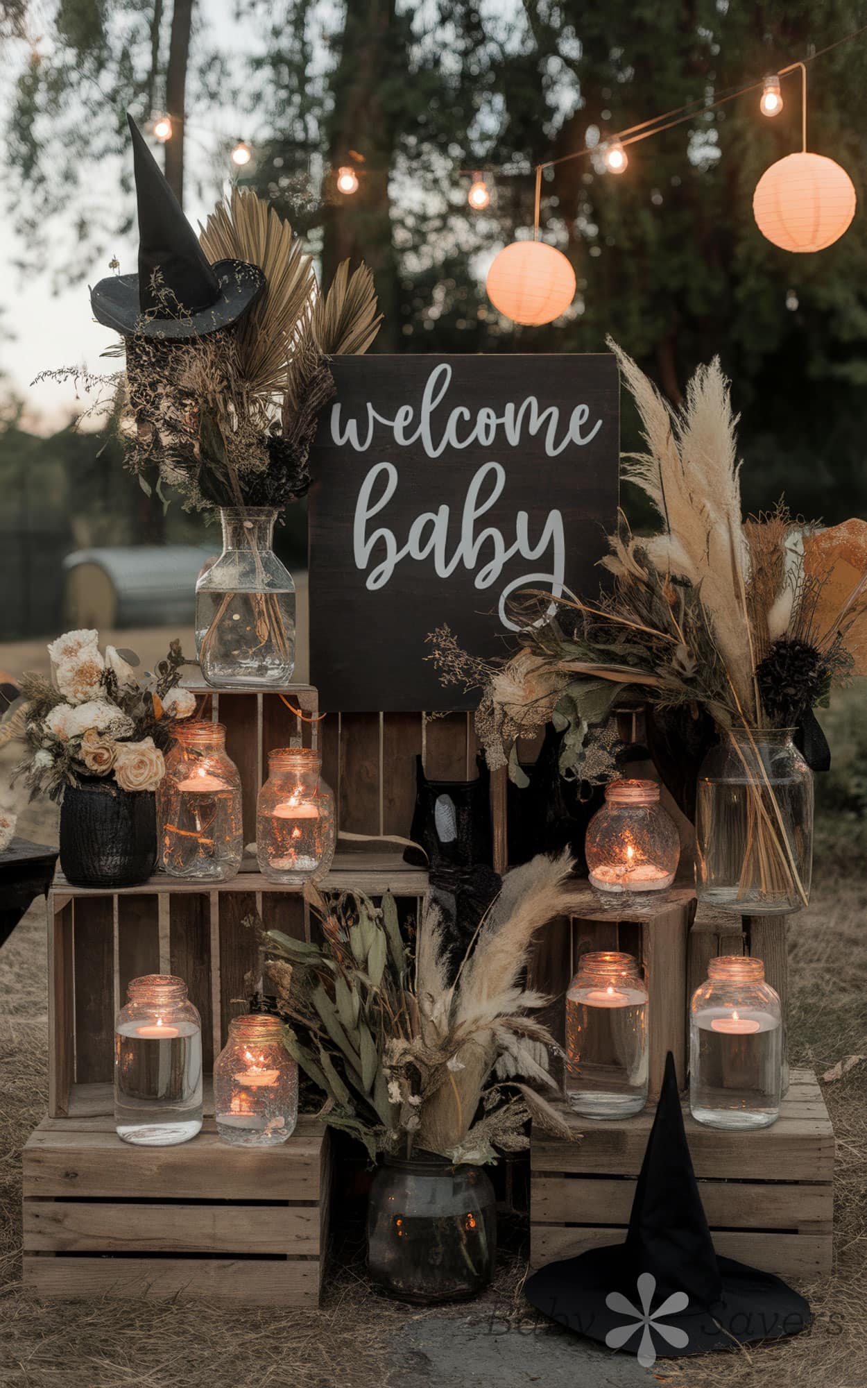 A rustic outdoor setup perfect for witch baby shower ideas features a "welcome baby" sign. Wooden crates hold jars with water and floating candles, while dried flowers, grasses, and witch hats add a whimsical charm. String lights and paper lanterns dangle above, completing the enchanting scene.