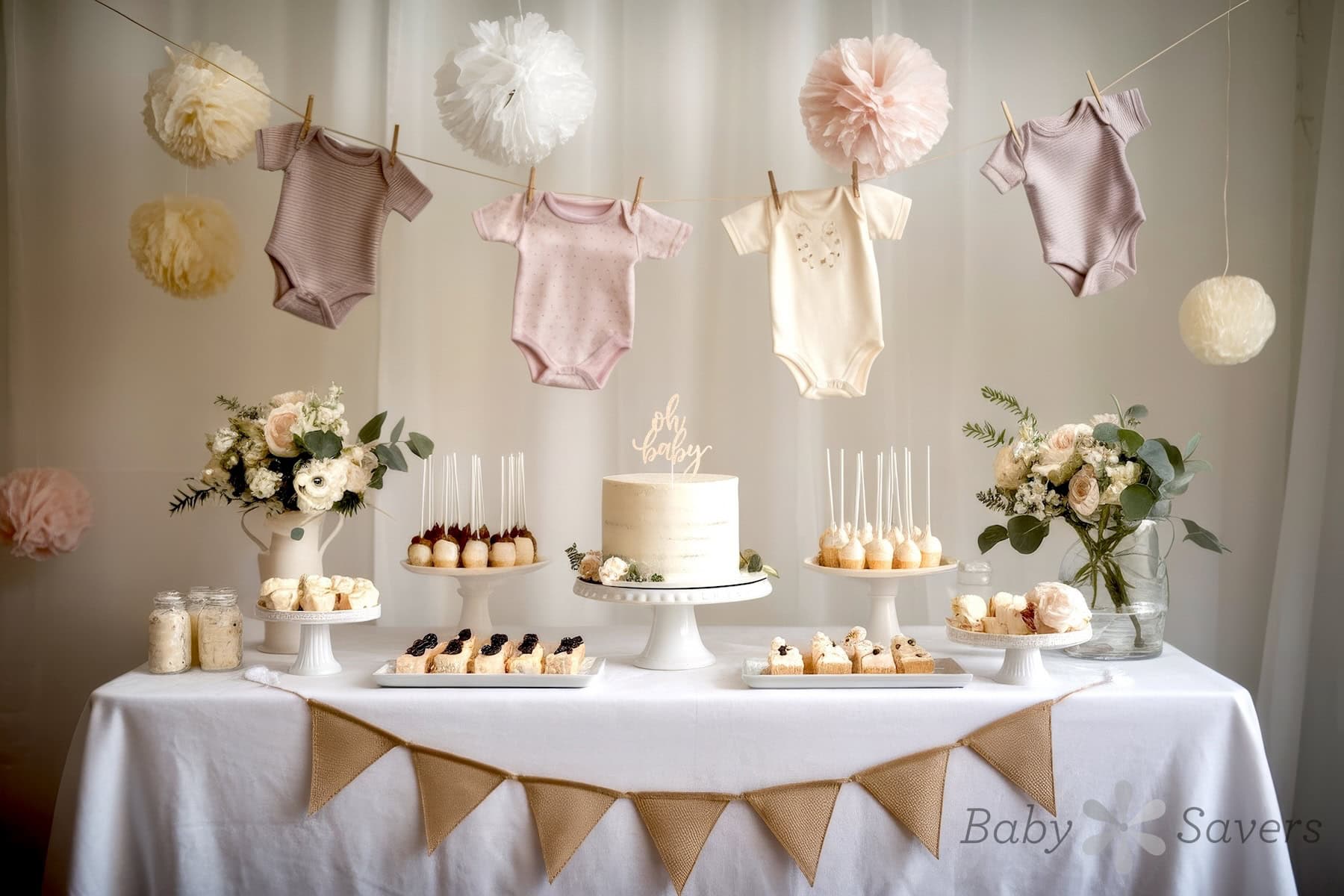 A decorated table with a cake, pastries, and dessert jars offers delightful baby shower ideas. Above, pink and beige onesies hang on a line with white and pink paper pom-poms. Floral arrangements accent the table, adding to the festive atmosphere.