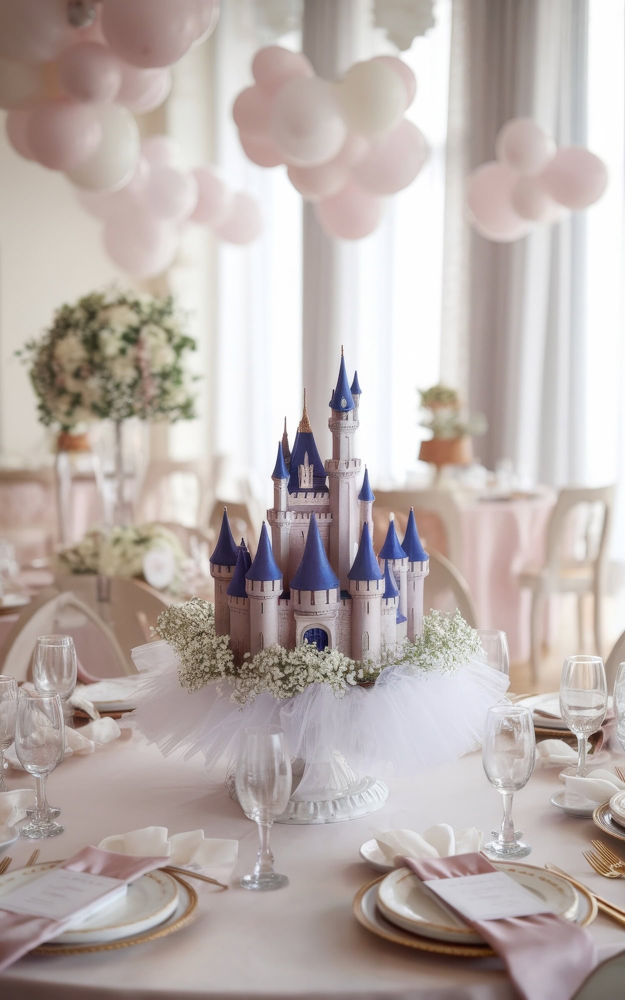 A whimsical table centerpiece, perfect for baby shower ideas, features a miniature fairytale castle with blue turrets surrounded by white flowers and tulle. The table, set with elegant glassware and plates, is adorned with pink and white decor and hanging balloons.