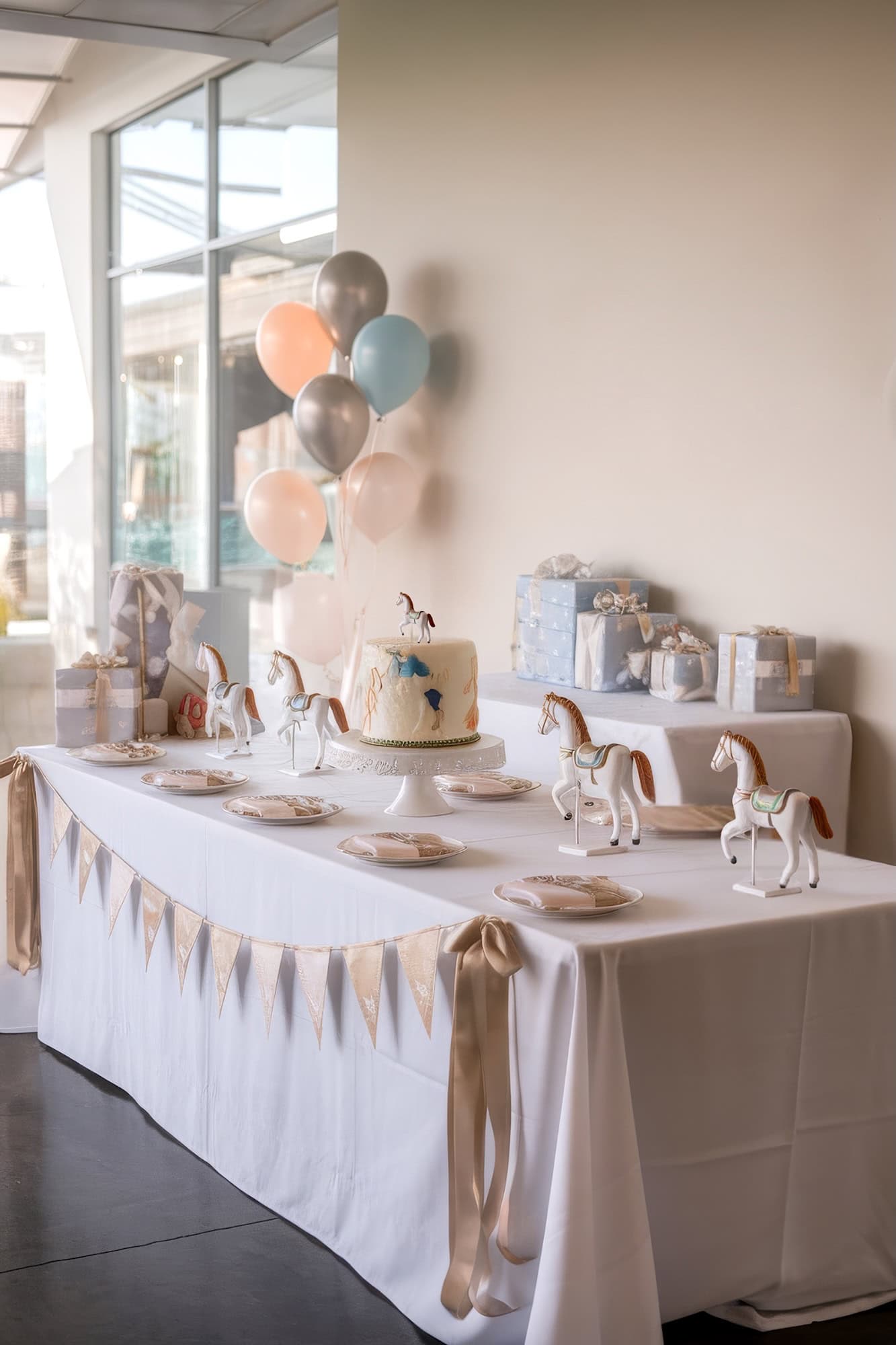 A party table with a whimsical theme offers charming carousel horse baby shower ideas, showcasing a cake topped with a horse figure, surrounded by horse figurines. Pastel balloons float above, while gifts are neatly stacked in the background. Beige ribbon banners elegantly decorate the white tablecloth.