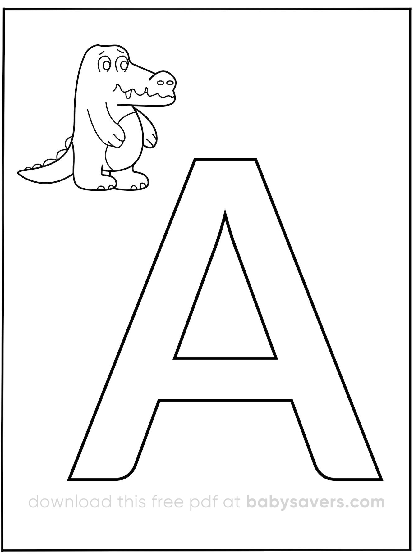 A charming alphabet coloring page showcases a large letter "A" with a friendly cartoon crocodile beside it. Don't forget to download the free PDF from babysavers.com for more fun and engaging coloring activities!