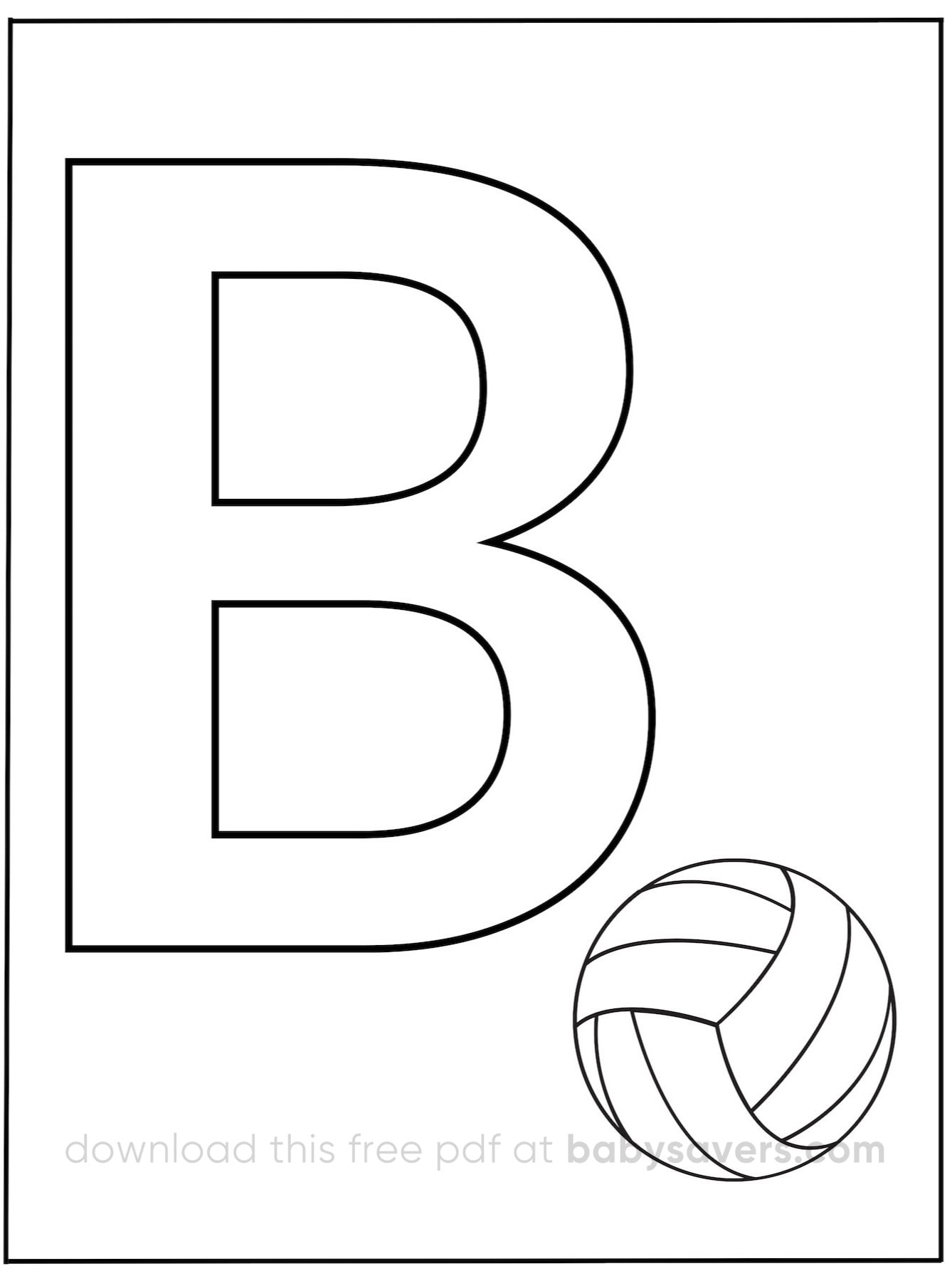 This coloring page features a large letter "B" with a playful volleyball illustration at the bottom right corner, inviting creativity and fun.