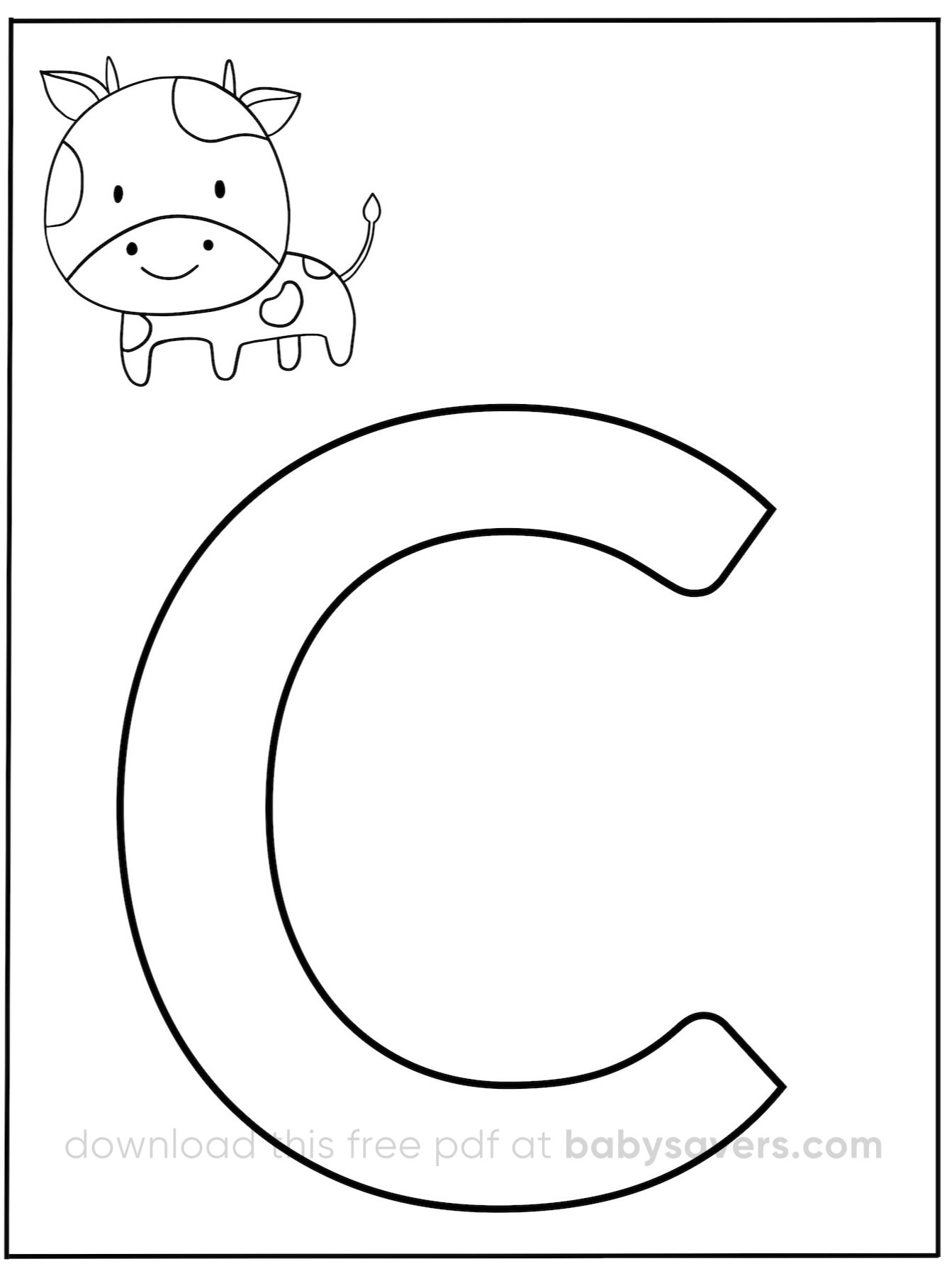 An alphabet coloring page featuring a large letter "C" with a smiling cartoon cow playfully perched above it.