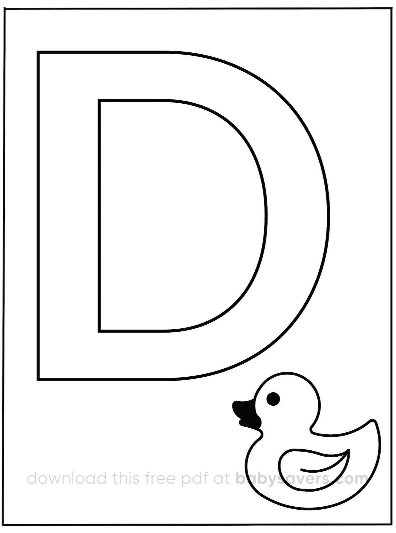 A large, outlined letter "D" sits next to an illustration of a duck, perfectly positioned in the bottom right corner. This simple image is crafted for alphabet coloring pages and invites creativity.